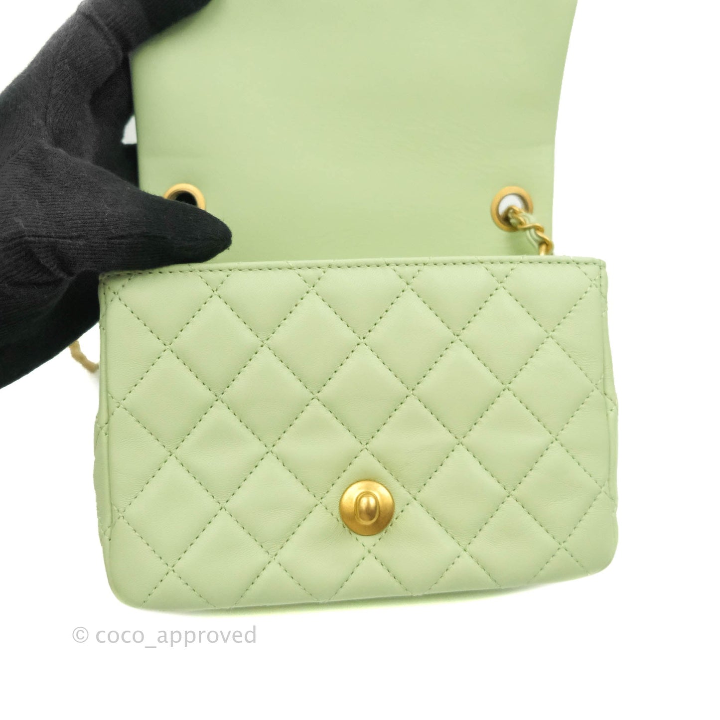 Chanel Pearl Crush Mini Square Quilted Avocado Green Lambskin Aged Gold Hardware