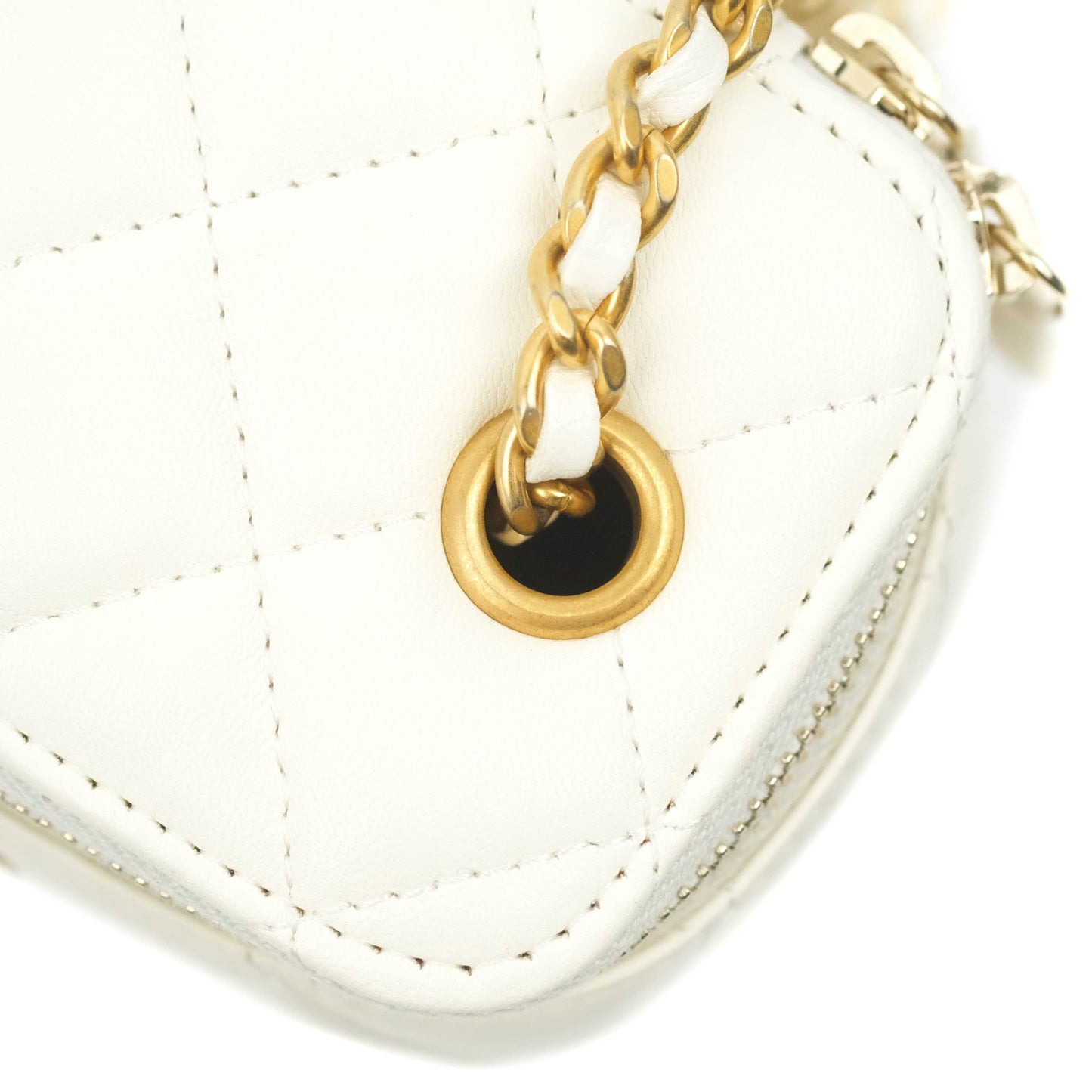 Chanel Mini Pearl Crush Vanity With Chain White Lambskin Aged Gold Hardware