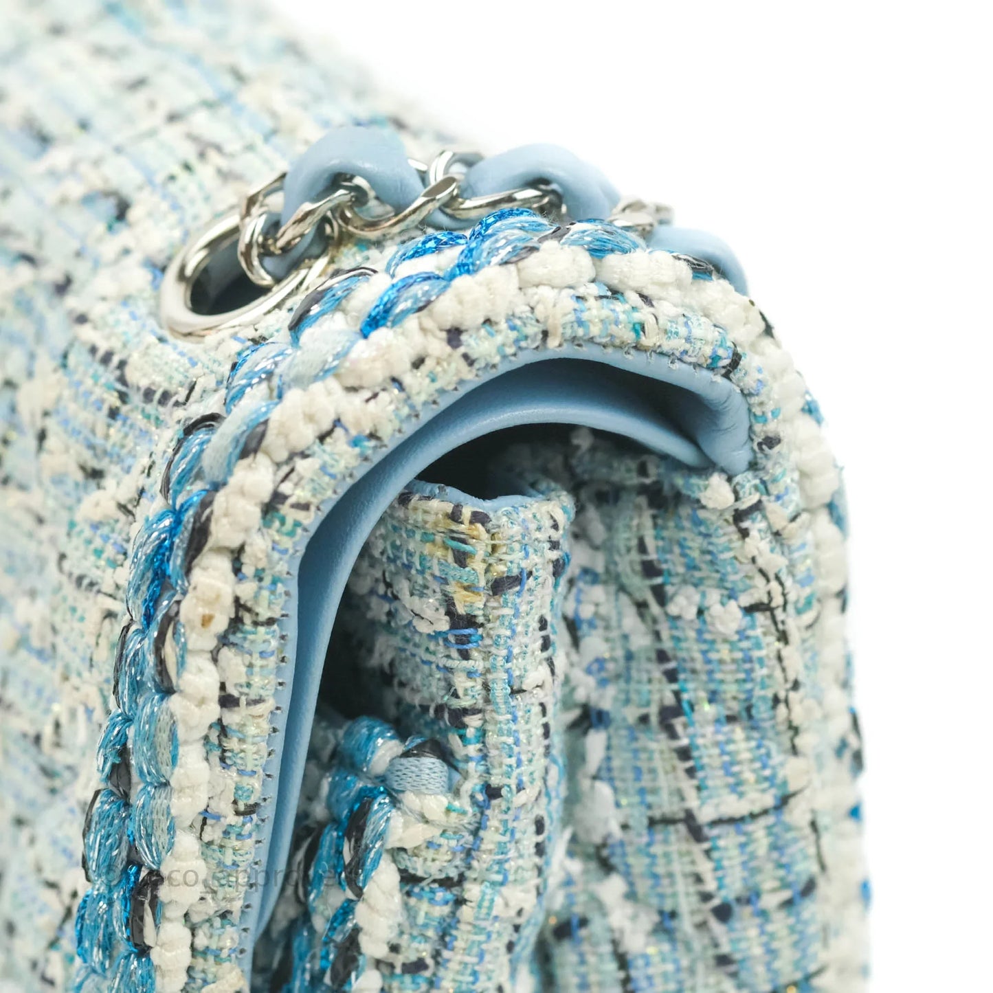 Chanel Medium Classic Double Flap Bag Blue Tweed Silver Hardware 19C