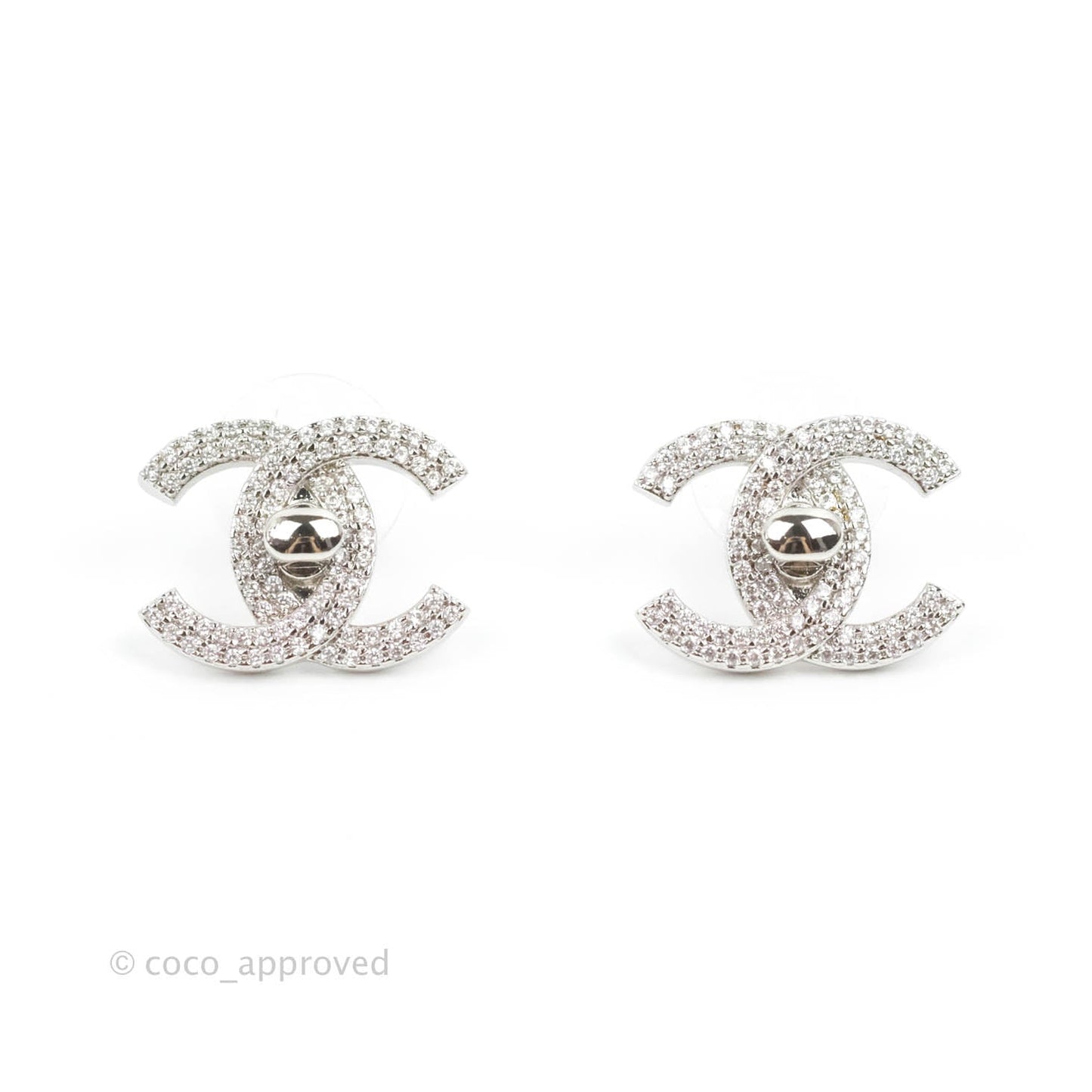 Chanel CC Crystal Turn Lock Earrings Silver Tone 22B