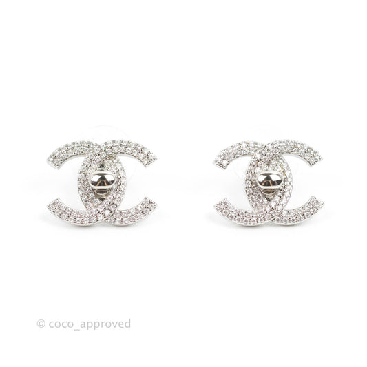 Chanel CC Crystal Turn Lock Earrings Silver Tone 22B