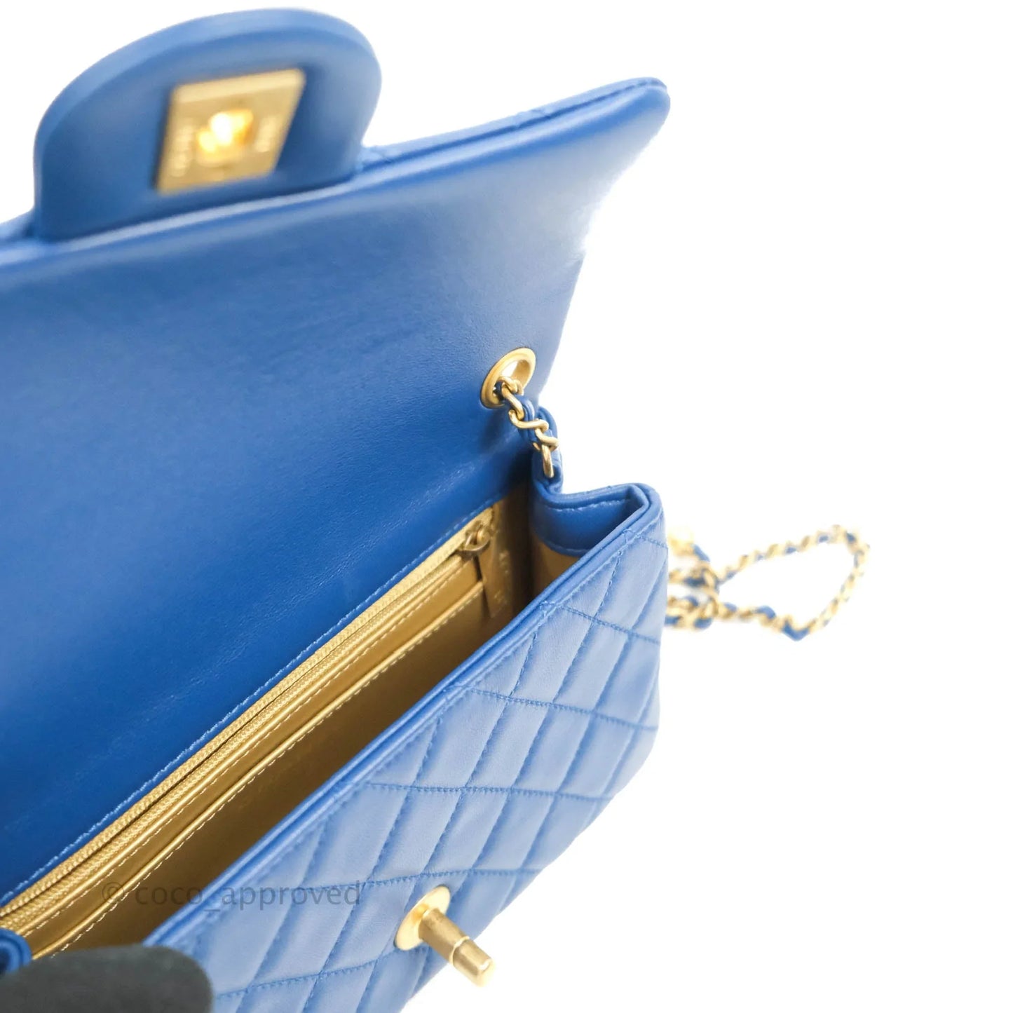 Chanel Quilted Mini Rectangular Pearl Crush Blue Lambskin Aged Gold Hardware