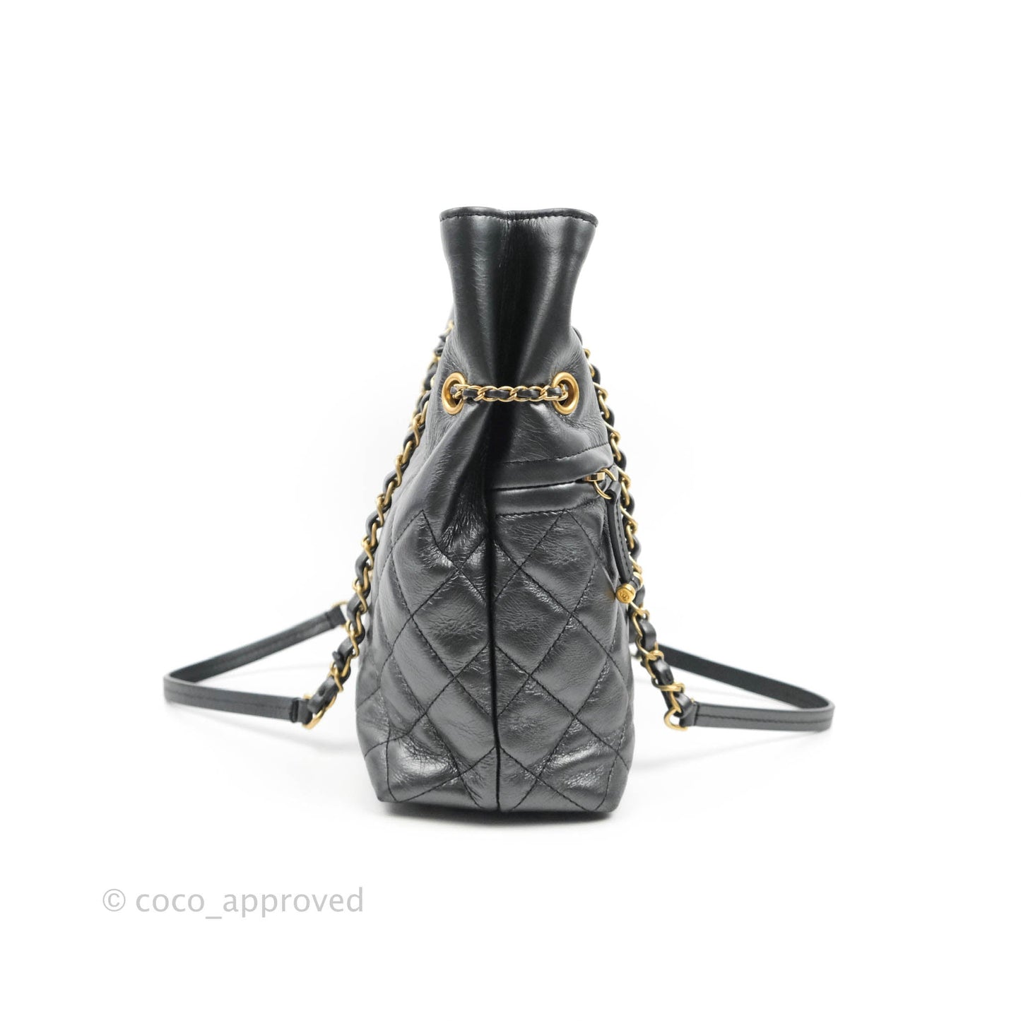 Chanel Quilted Drawstring Shopping Tote Bag Metallic Dark Grey Aged Calfskin Aged Gold Hardware