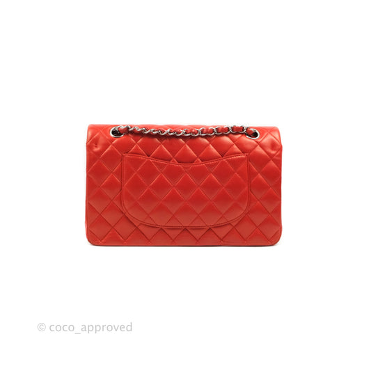 Chanel Classic M/L Medium Flap Quilted Poppy Red Lambskin Silver Hardware