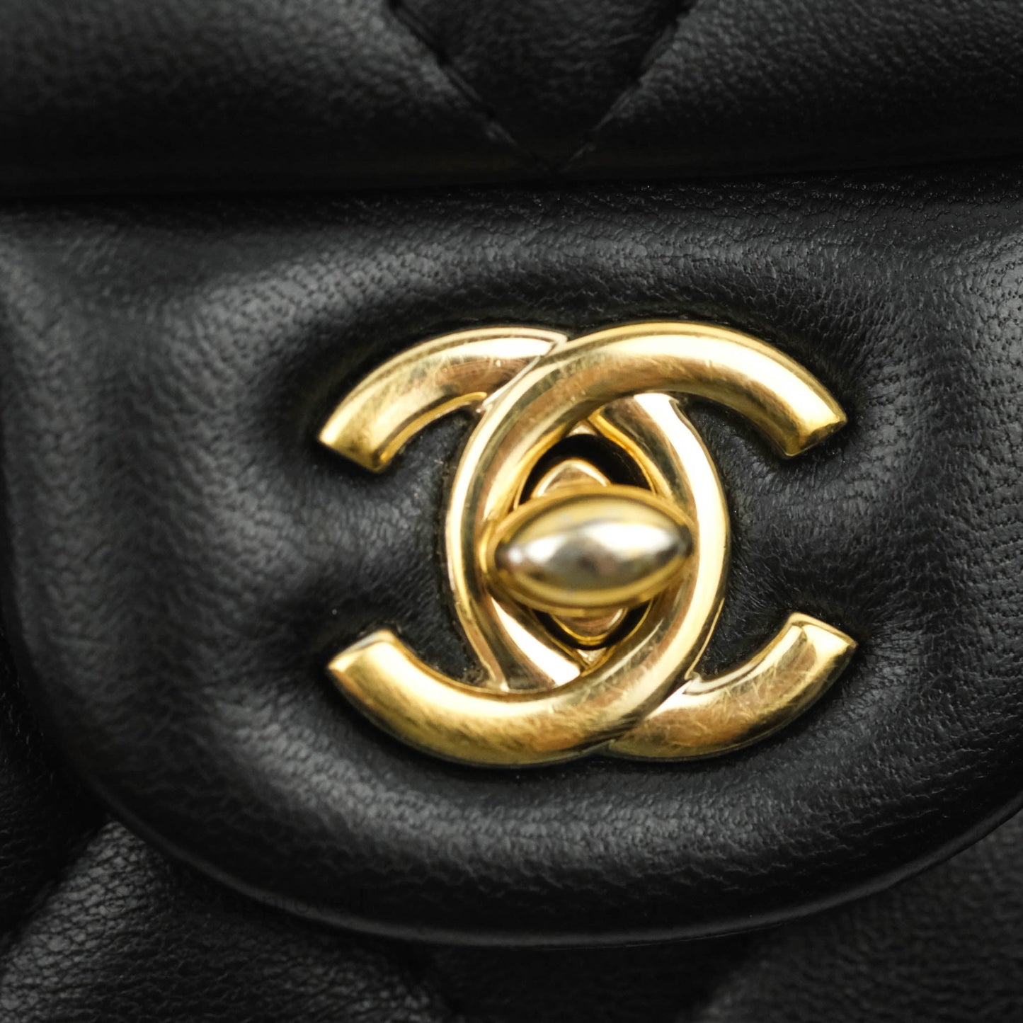 Chanel Logo Pearl Chain Flap Bag Black Lambskin Gold Hardware