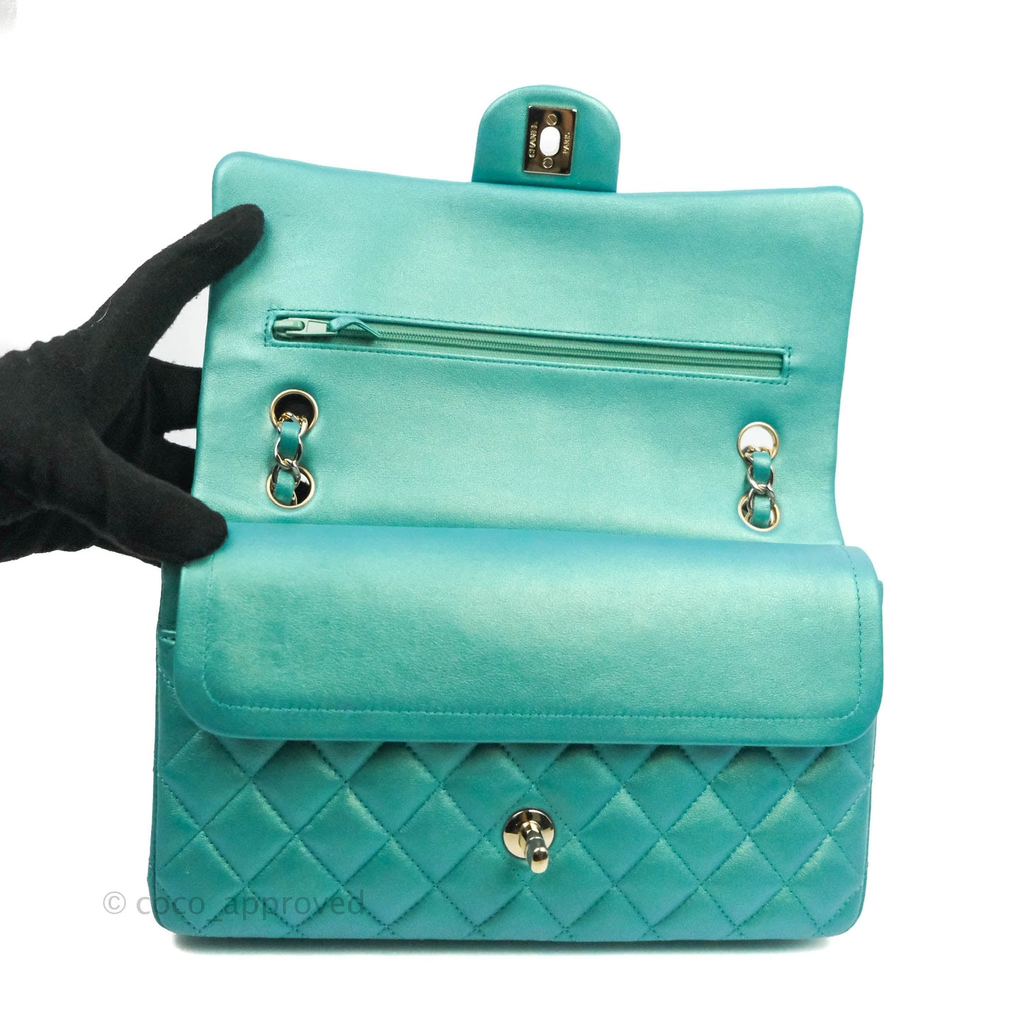 Chanel Classic M/L Medium Double Flap Iridescent Turquoise Calfskin Gold Hardware
