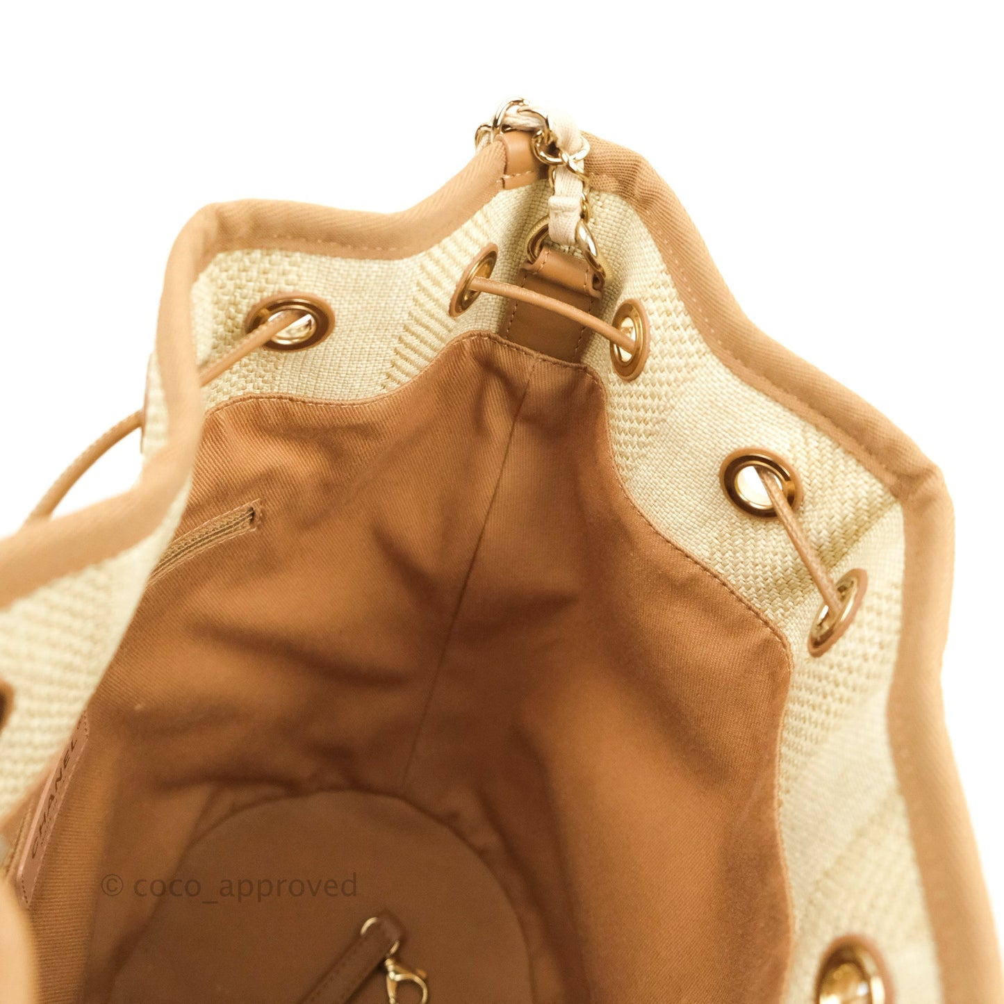 Chanel Raffia Canvas Deauville Drawstring Bucket Bag Brown Gold Hardware
