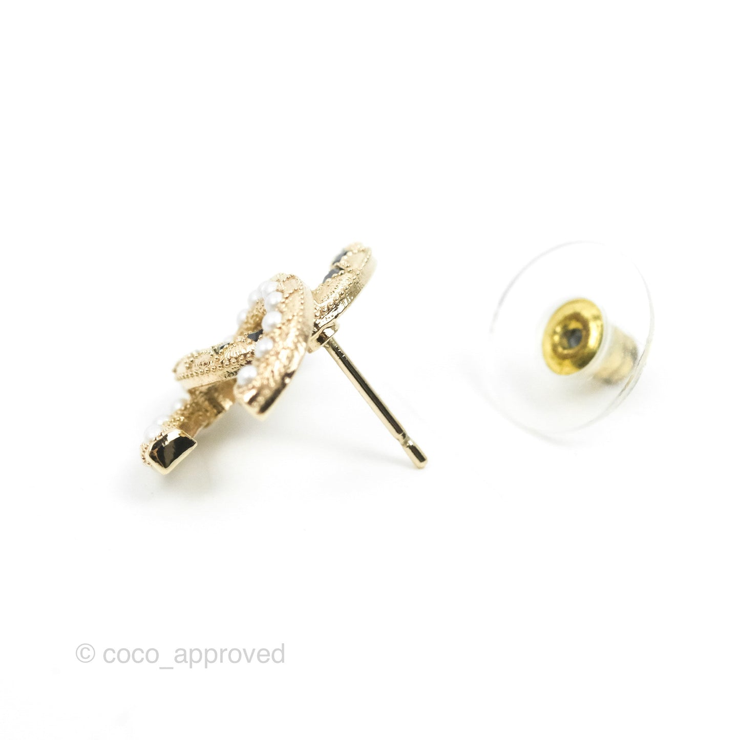 Chanel CC Pearl Black Resin Earrings Gold Tone 21A