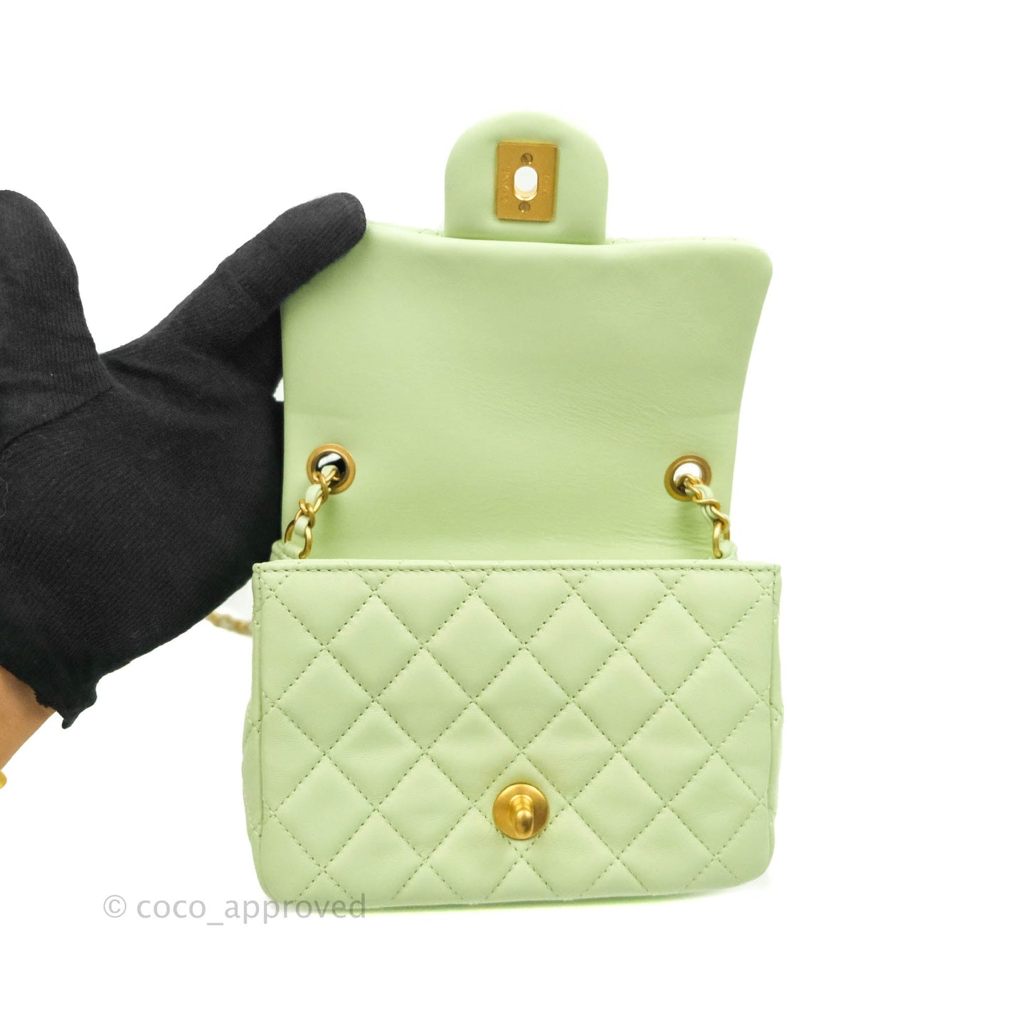 Chanel Pearl Crush Mini Square Quilted Avocado Green Lambskin Aged Gold Hardware