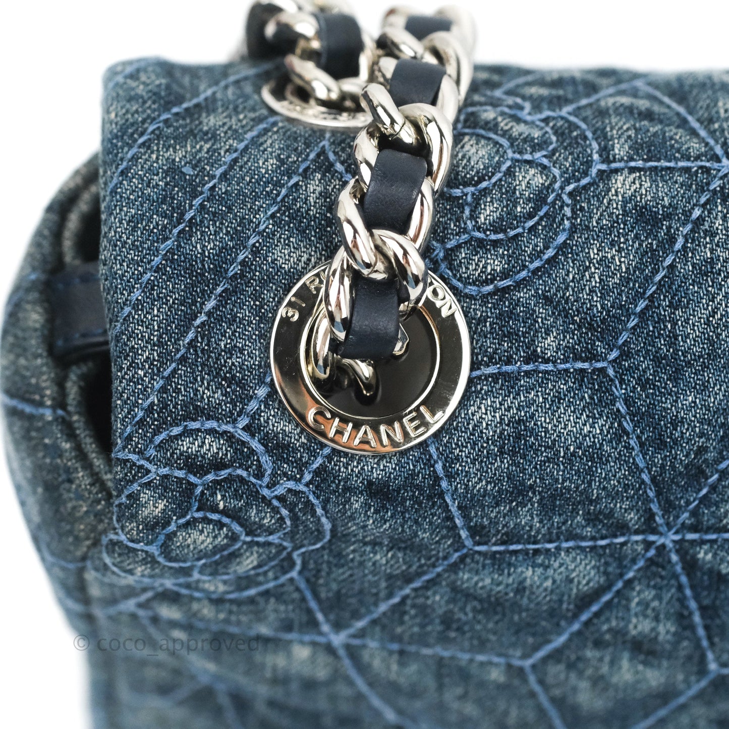 Chanel Camellia Embroidered Flap Bag Blue Washed Denim Silver Hardware