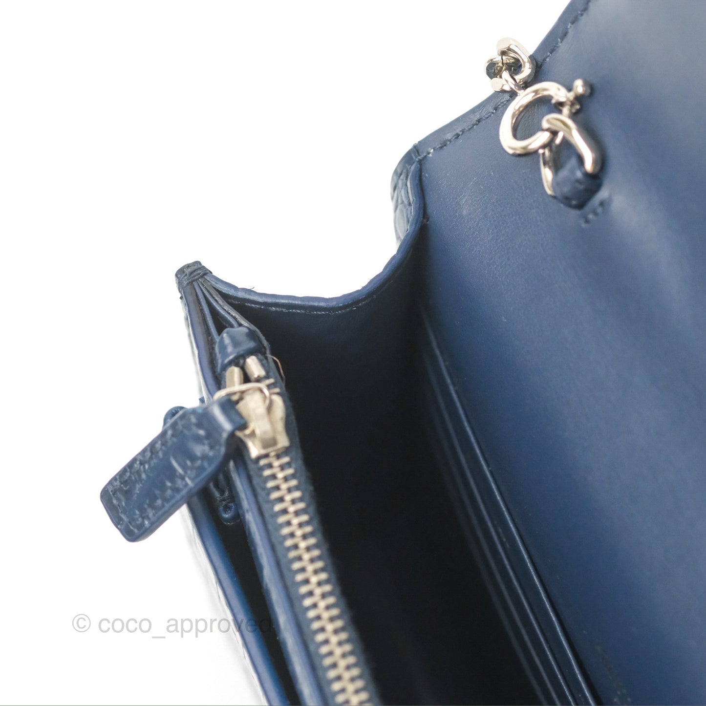 Saint Laurent Sunset Chain Wallet Navy Croc-embossed Shiny Calfskin Silver Hardware
