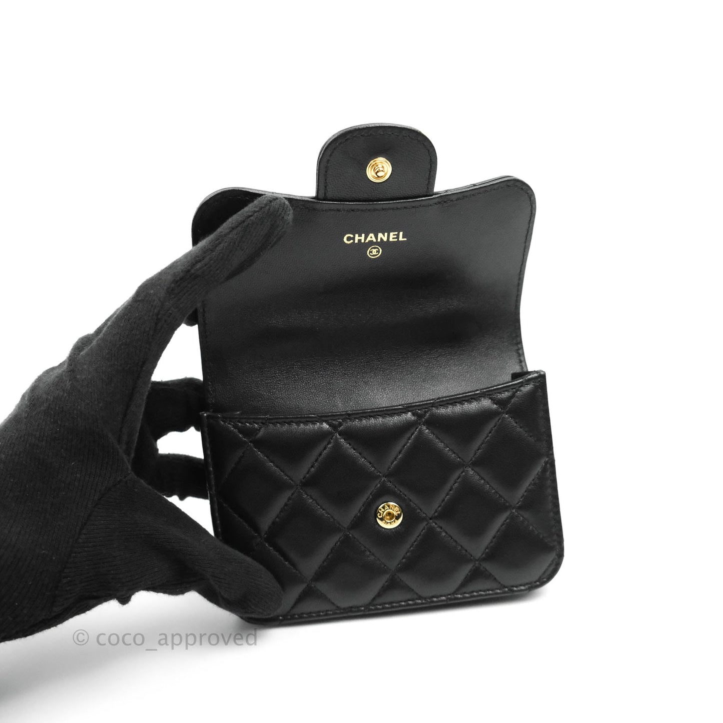 Chanel Mini Handle Flap Coin Purse With Chain Black Lambskin Gold Hardware