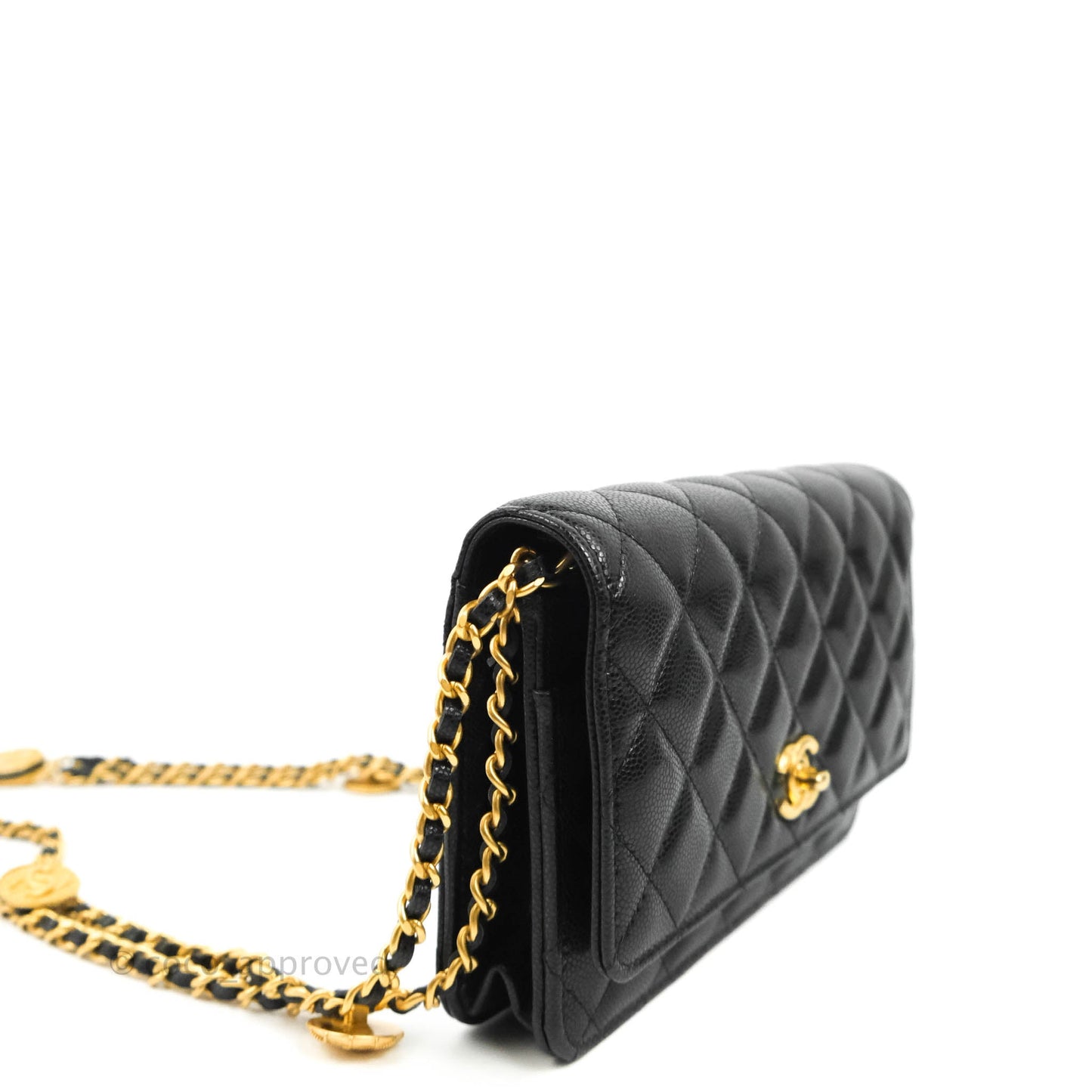 Chanel Quilted Gold CC Coin Wallet on Chain WOC Black Caviar Gold Hardware