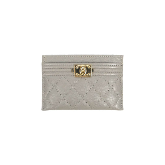 Chanel Quilted Boy Card Holder Grey Caviar Gold Hardware