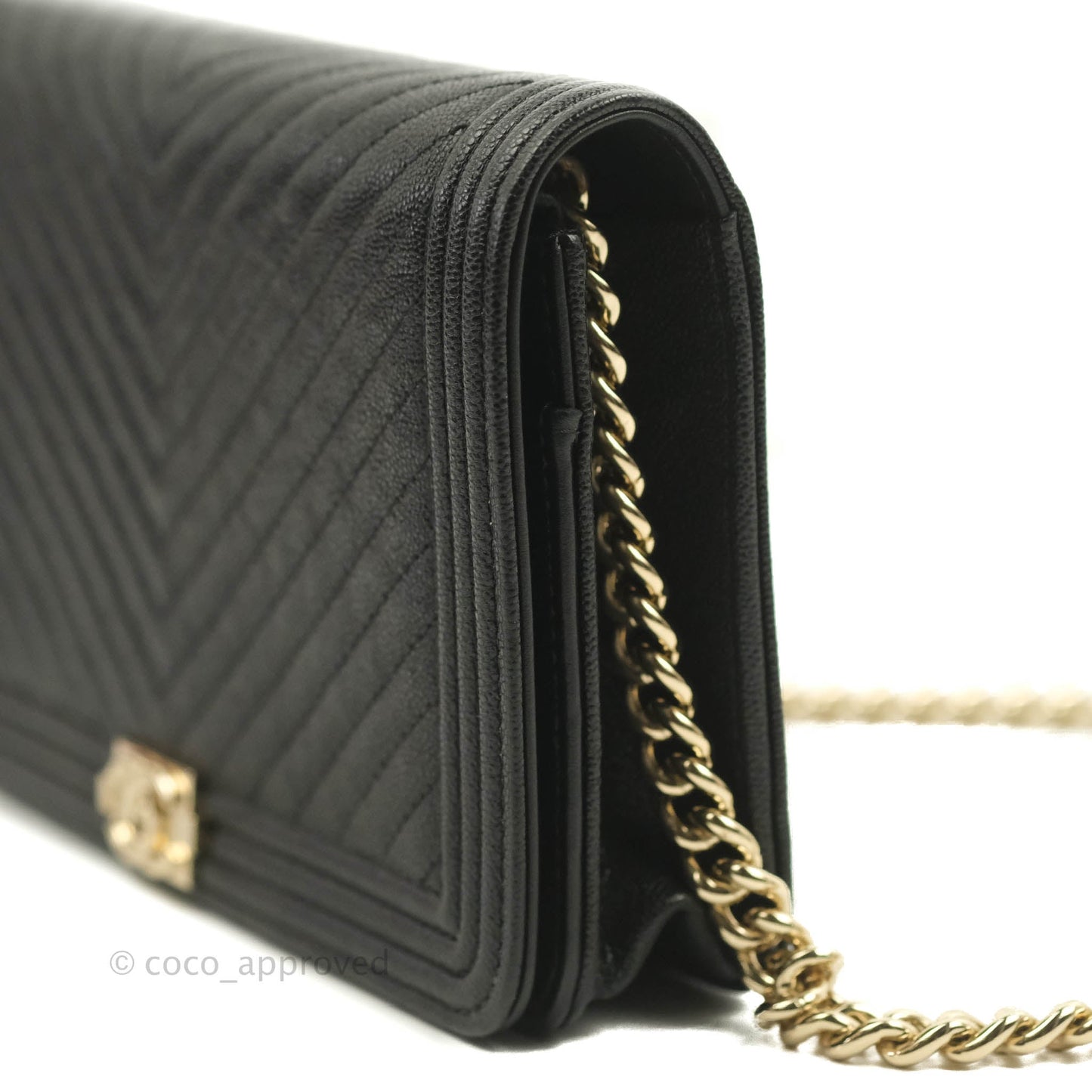 Chanel Chevron Boy Wallet On Chain Black Caviar Gold Hardware