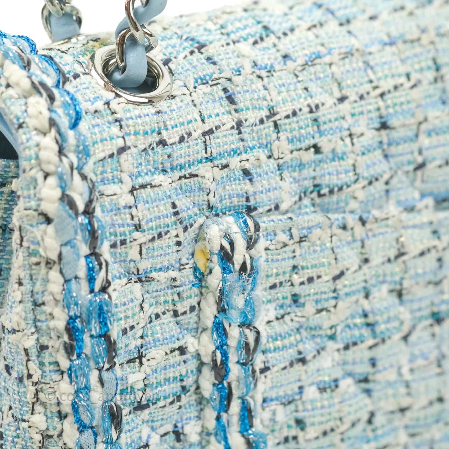 Chanel Medium Classic Double Flap Bag Blue Tweed Silver Hardware 19C