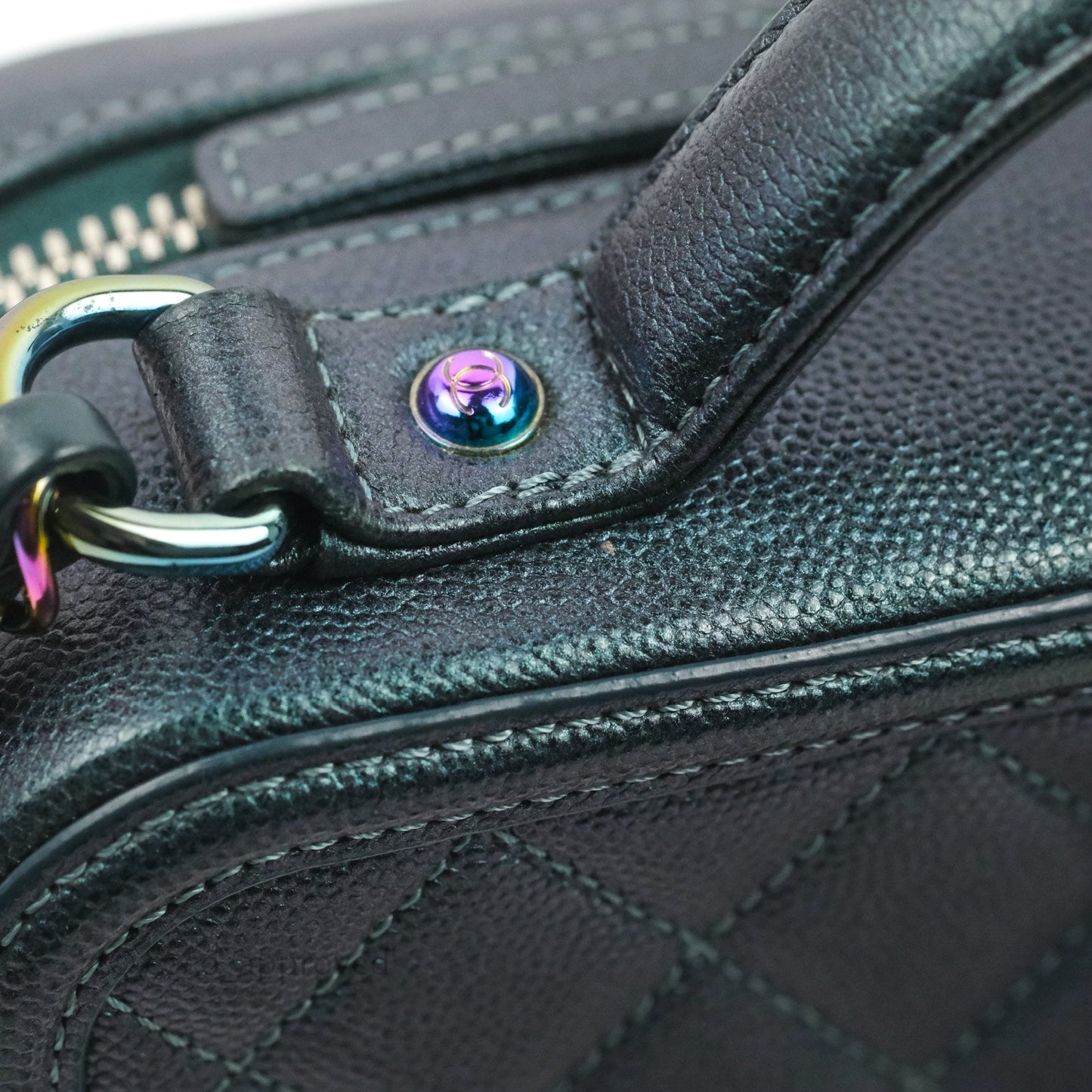 Chanel Quilted Medium CC Filigree Vanity Case Iridescent Dark Turquoise Caviar Rainbow Hardware