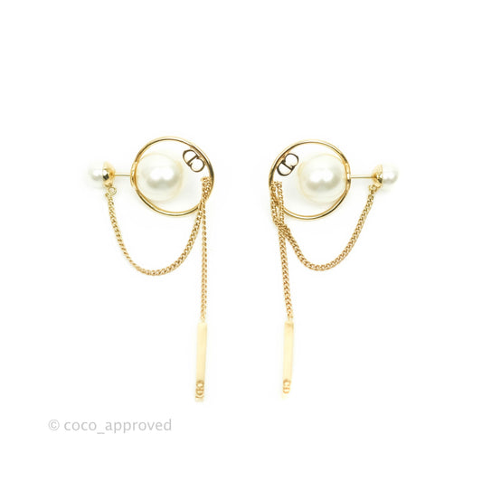 Christian Dior CD Pearl Long Drop Earrings Gold Tone