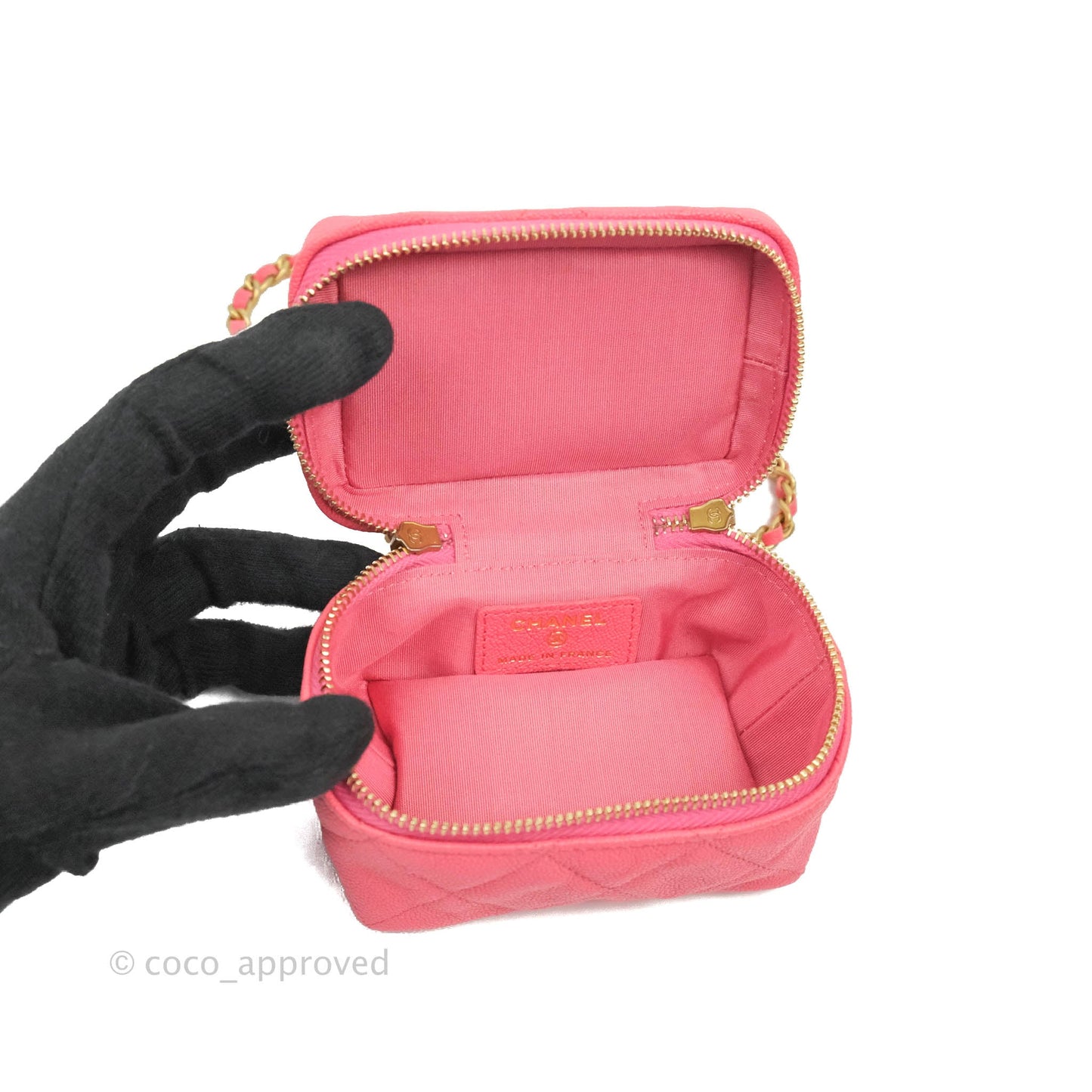Chanel Quilted Mini Top Handle Vanity With Chain Pink Caviar Aged Gold Hardware