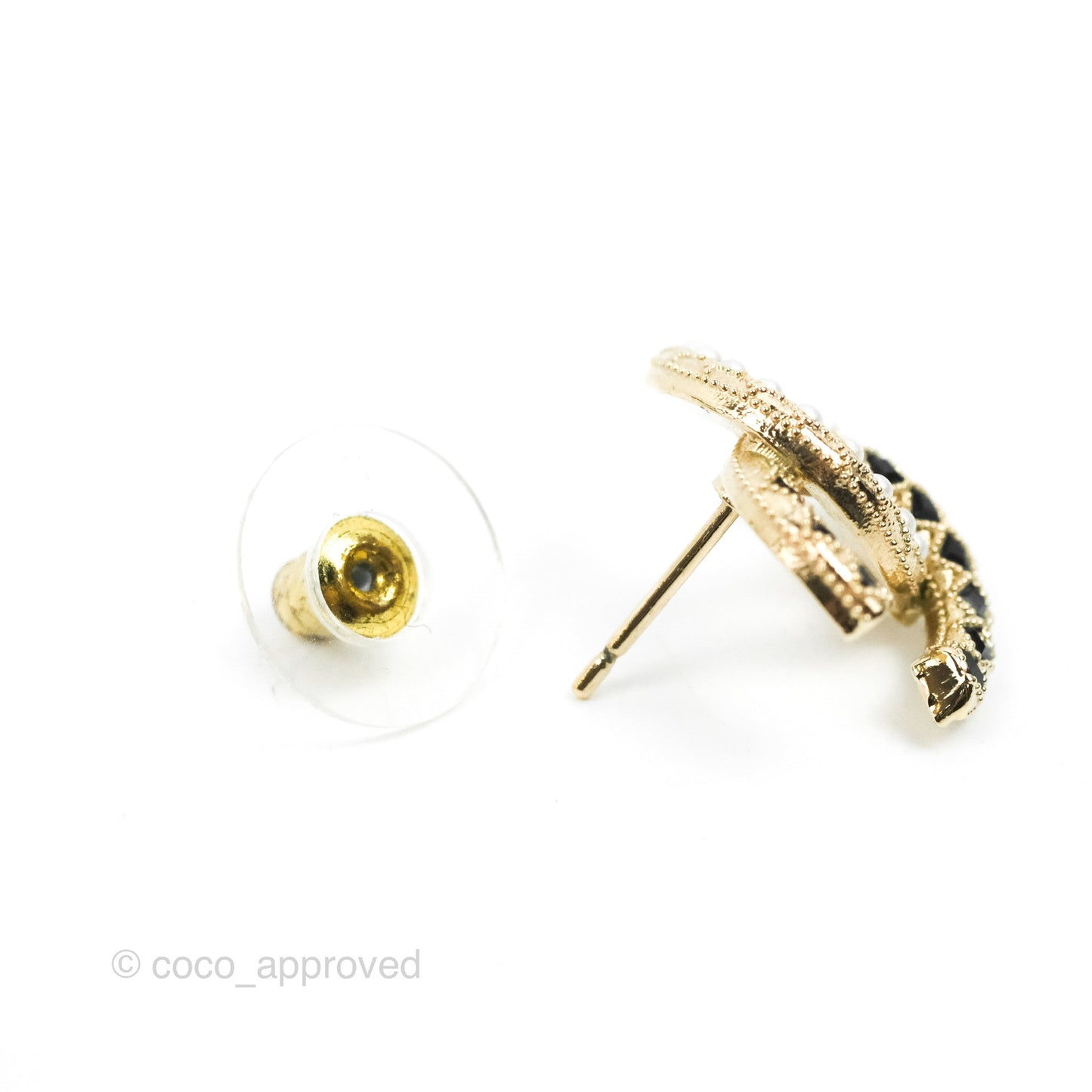 Chanel CC Pearl Black Resin Earrings Gold Tone 21A