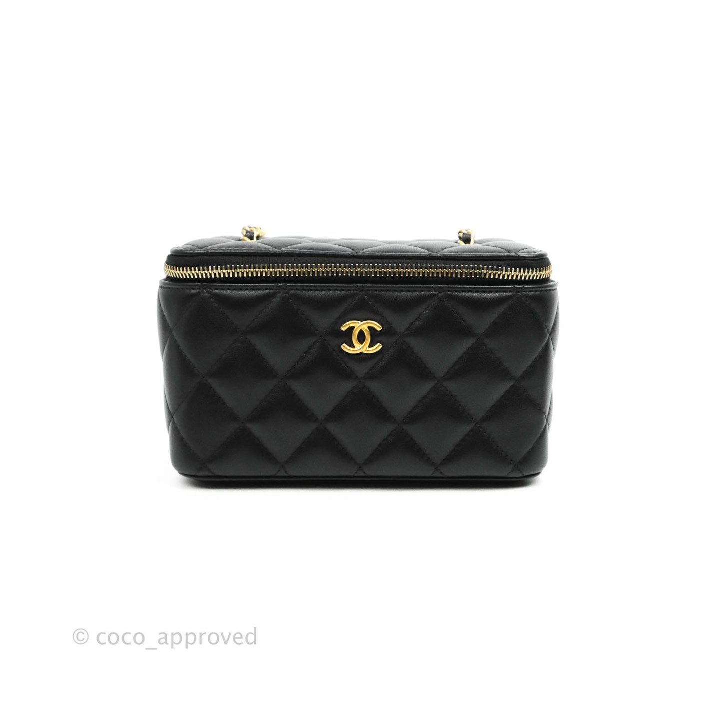 Chanel Vanity with Pearl Crush Chain in Black Lambskin Aged Gold Hardware
