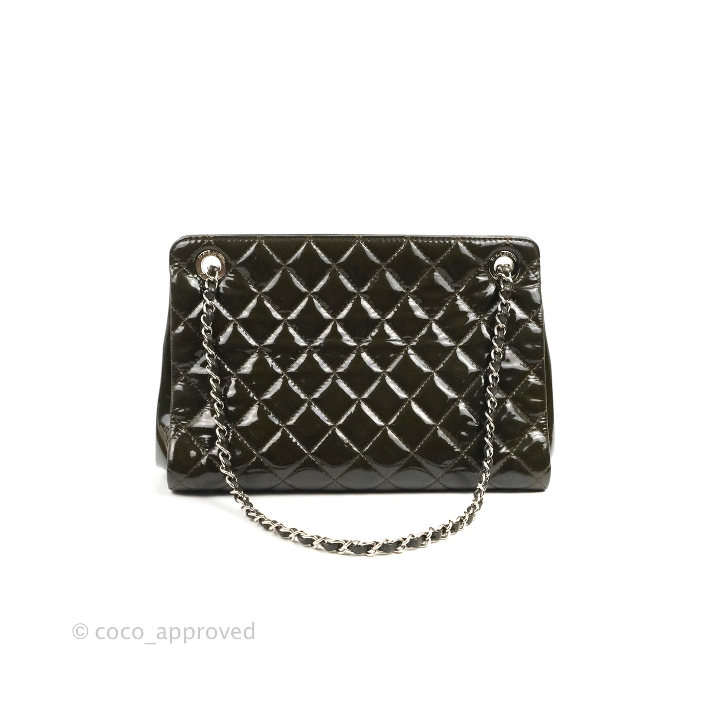 Chanel CC Tote Quilted Dark Green Patent Silver Hardware