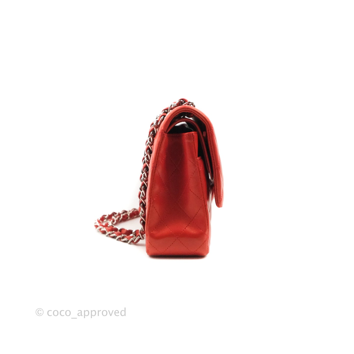 Chanel Classic M/L Medium Flap Quilted Poppy Red Lambskin Silver Hardware