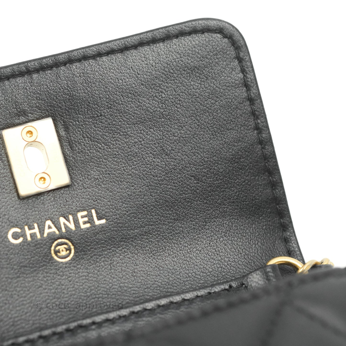 Chanel Pearl Crush Mini Clutch With Chain Black Lambskin Aged Gold Hardware