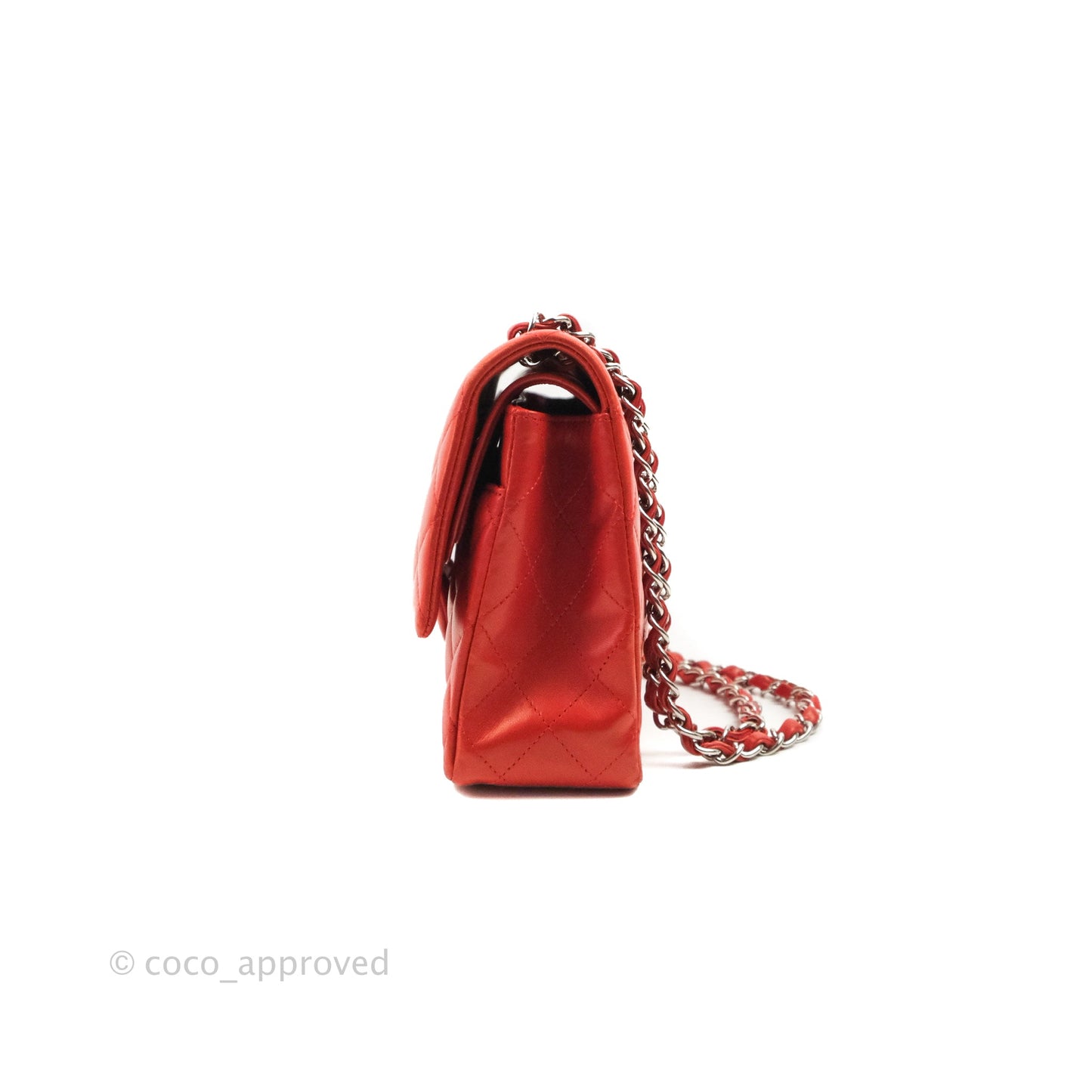 Chanel Classic M/L Medium Flap Quilted Poppy Red Lambskin Silver Hardware