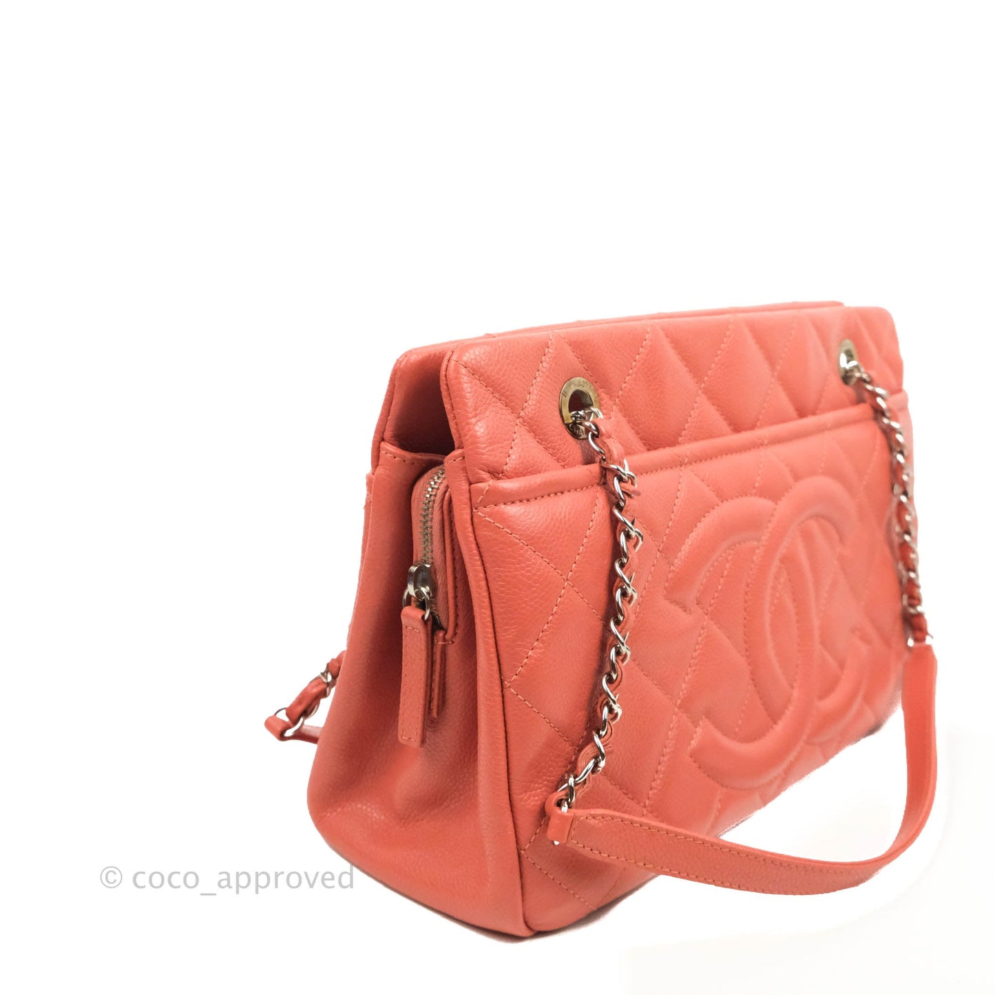 Chanel Quilted Caviar Leather Timeless CC Soft Shopping Tote Bag Coral Pink