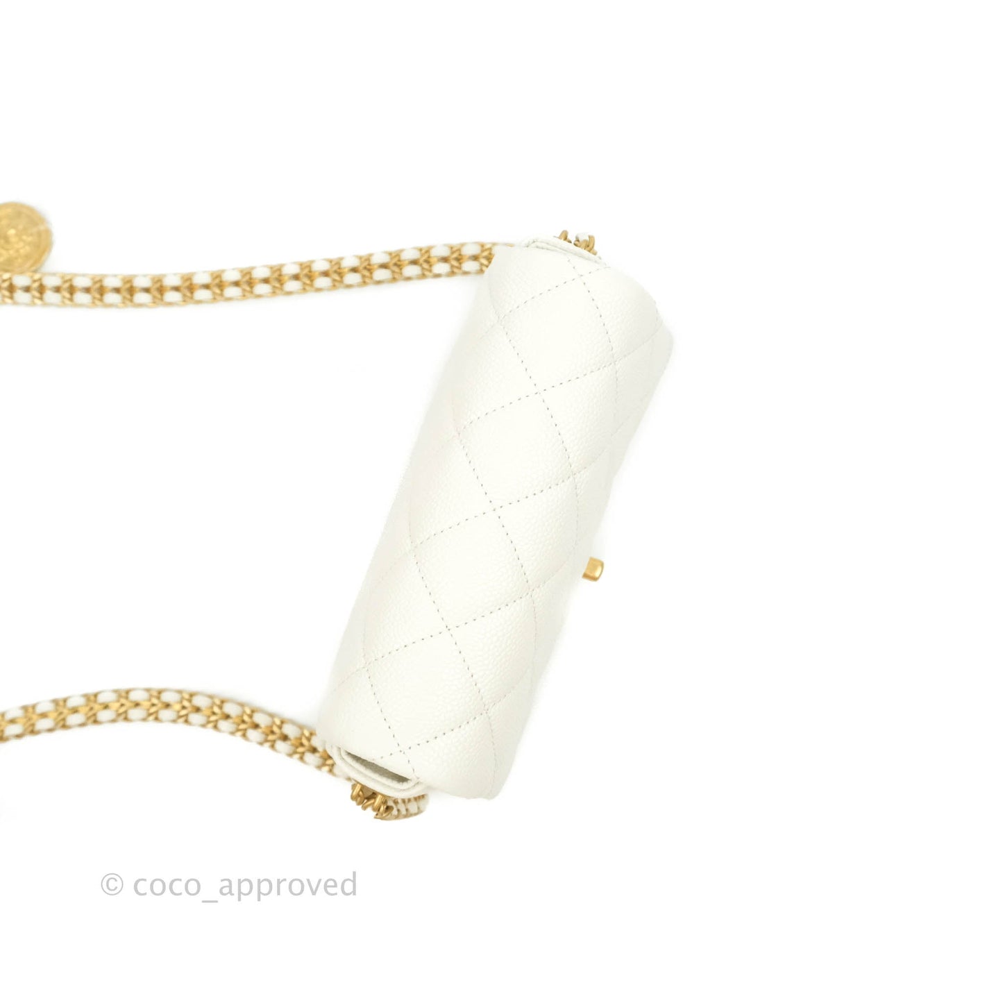 Chanel Mini Flap Bag Coin Charm Soul Chain White Caviar Aged Gold Hardware 21A