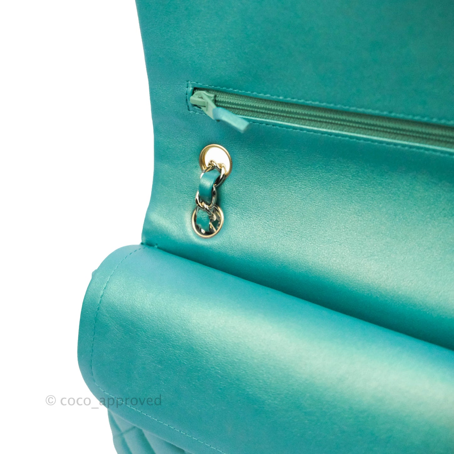Chanel Classic M/L Medium Double Flap Iridescent Turquoise Calfskin Gold Hardware