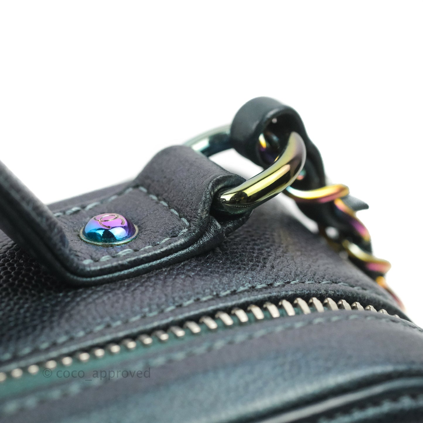 Chanel Quilted Medium CC Filigree Vanity Case Iridescent Dark Turquoise Caviar Rainbow Hardware
