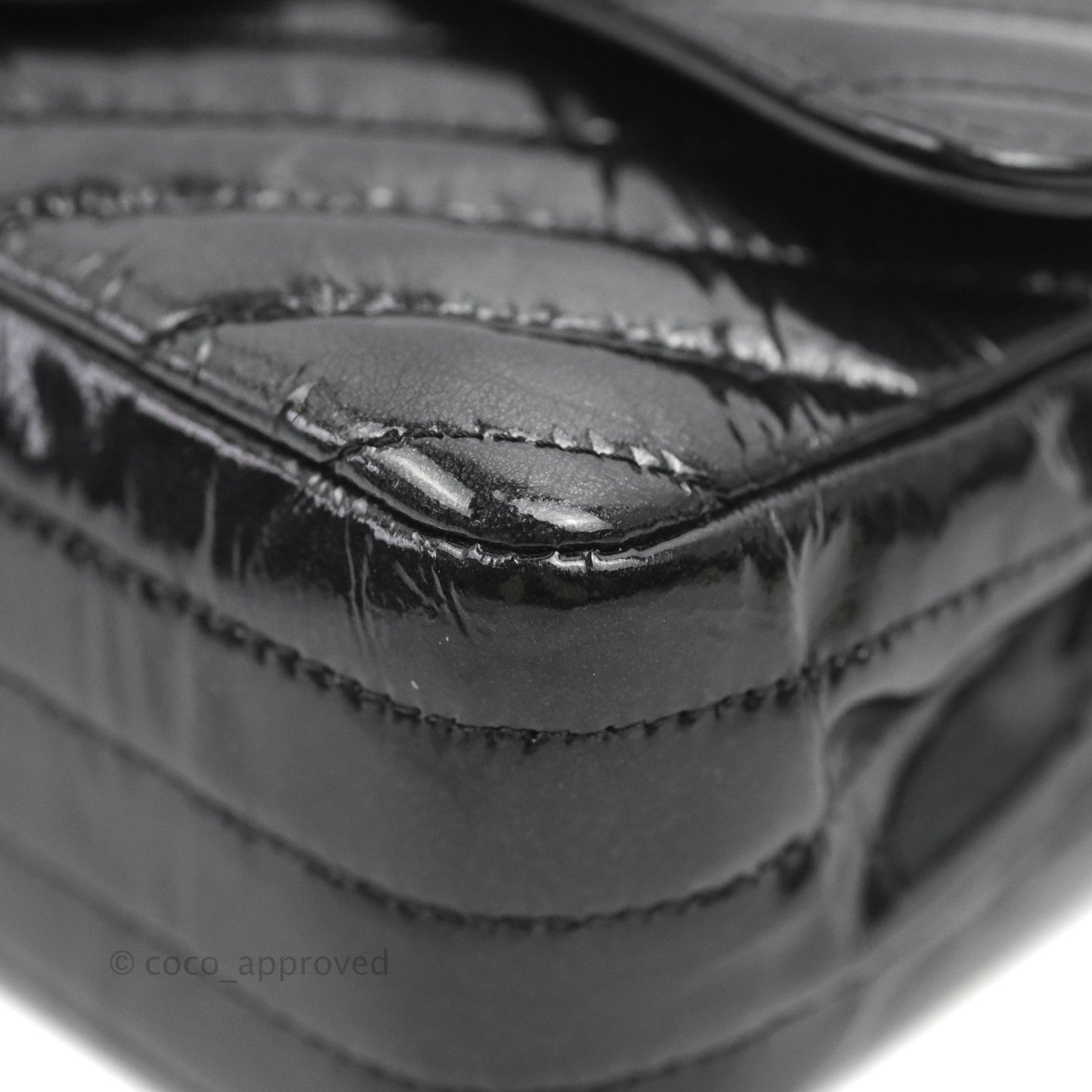 Chanel Mini Rectangular Flap Chevron Black Crumpled Metallic Patent So Black