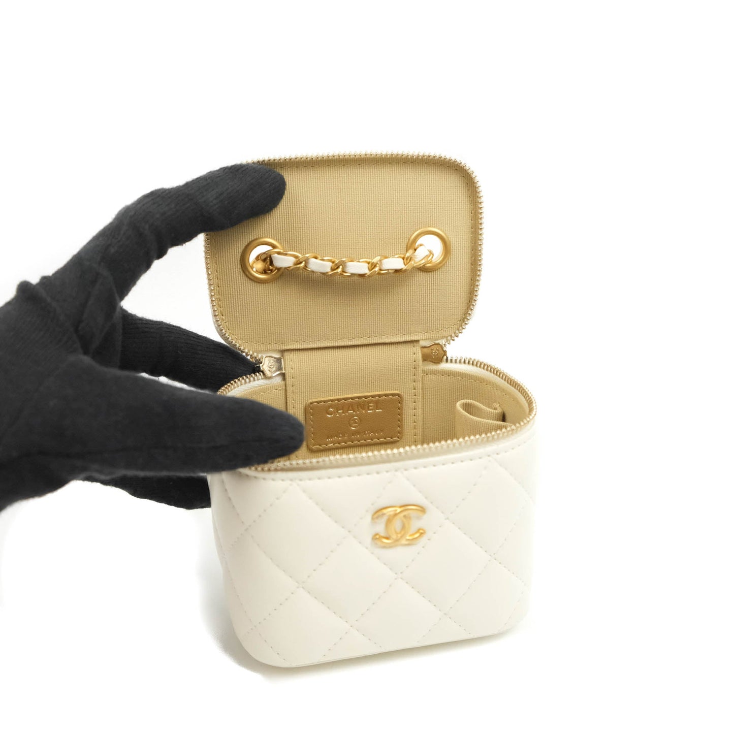 Chanel Mini Pearl Crush Vanity With Chain White Lambskin Aged Gold Hardware