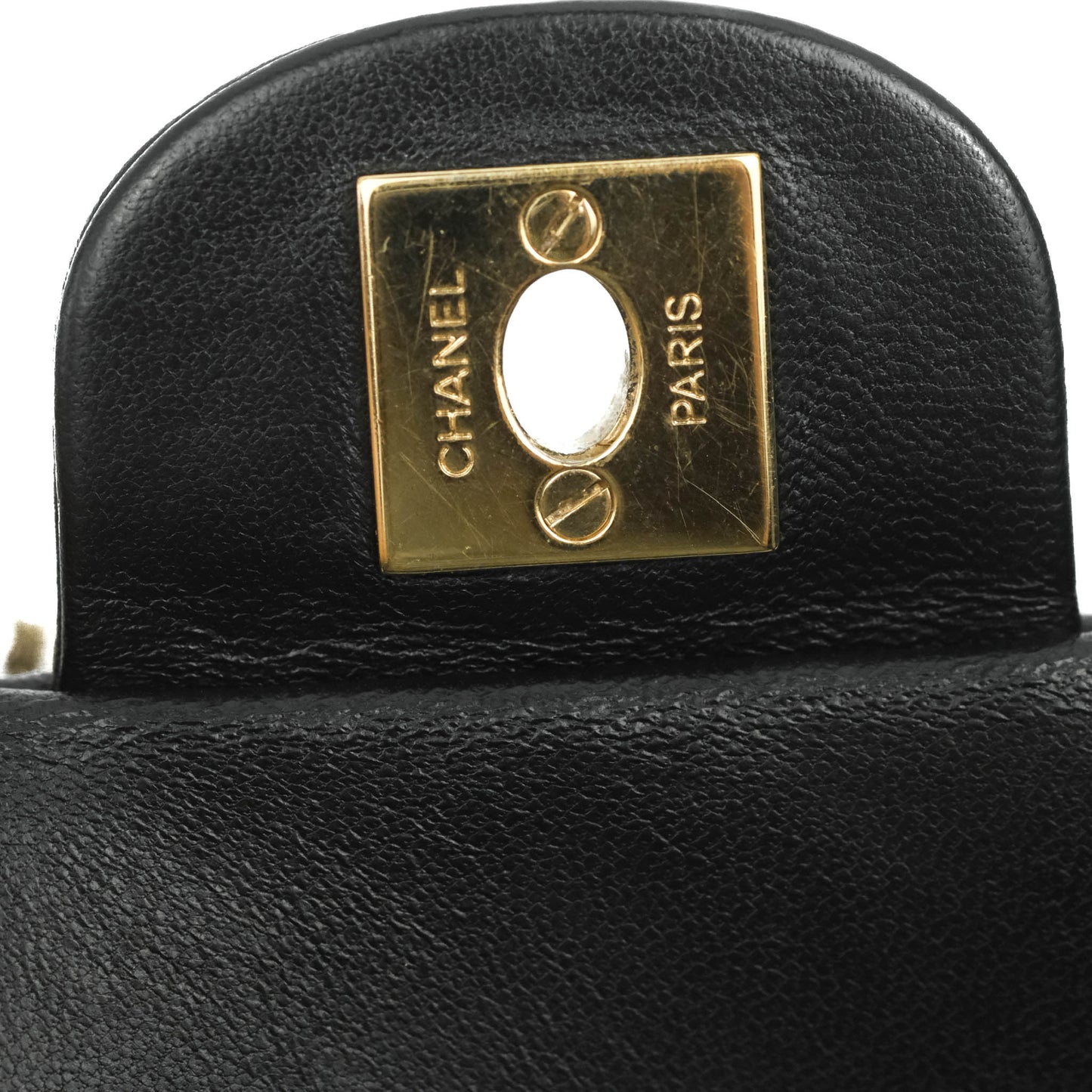 Chanel Logo Pearl Chain Flap Bag Black Lambskin Gold Hardware