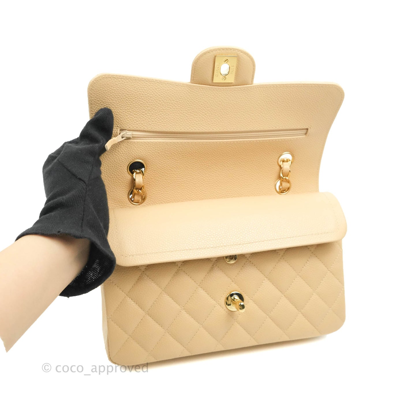 Chanel S/M Small Classic Quilted Flap Beige Caviar Gold Hardware