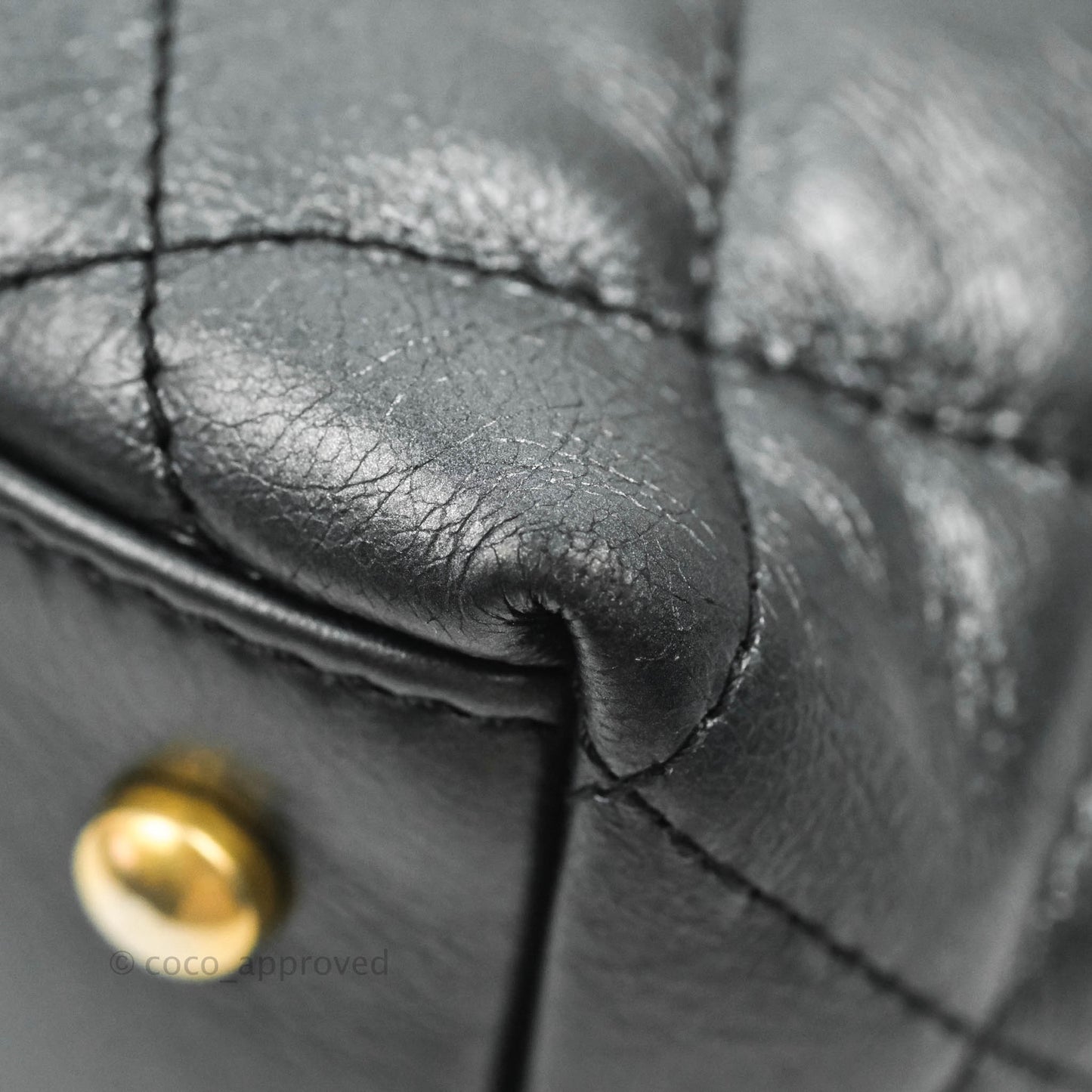 Chanel Quilted Drawstring Shopping Tote Bag Metallic Dark Grey Aged Calfskin Aged Gold Hardware