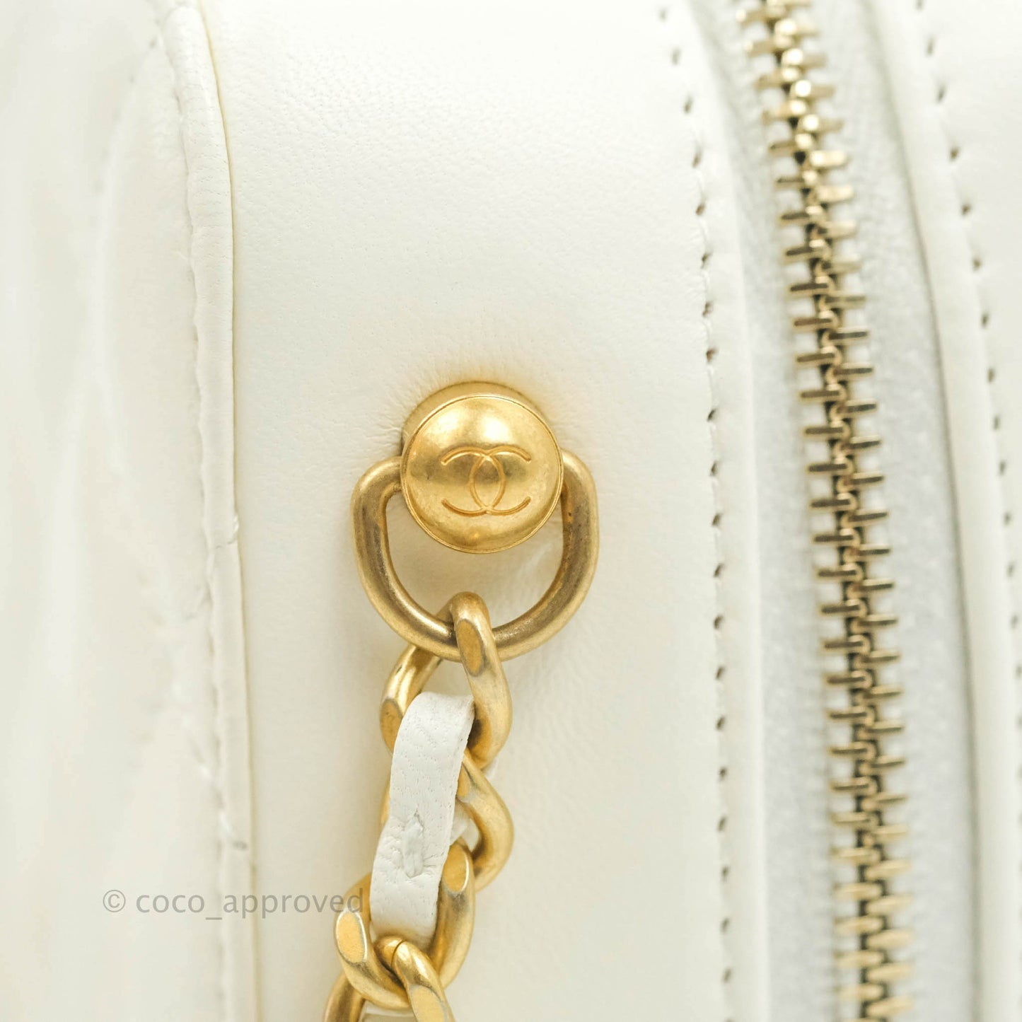 Chanel Mini Pearl Crush Quilted Camera Case White Lambskin Aged Gold Hardware