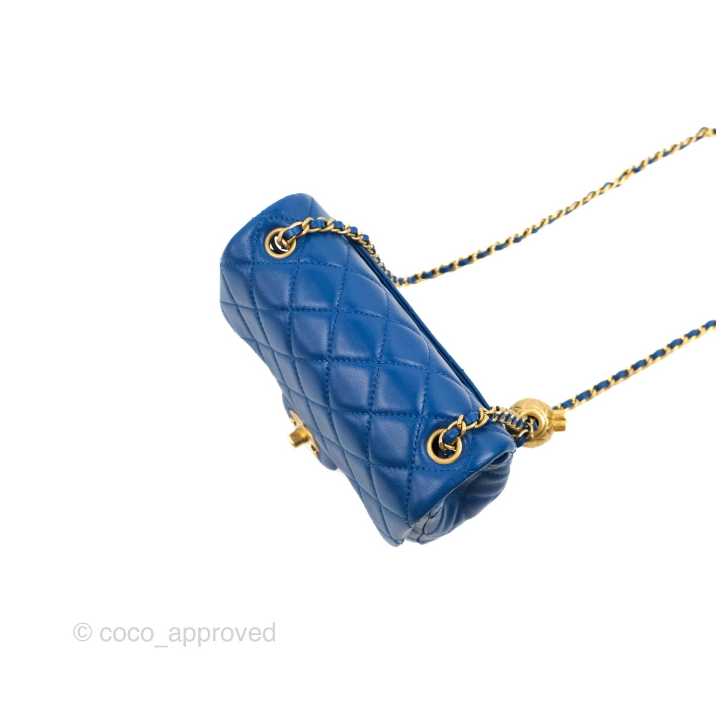 Chanel Mini Square Pearl Crush Quilted Blue Lambskin Aged Gold Hardware