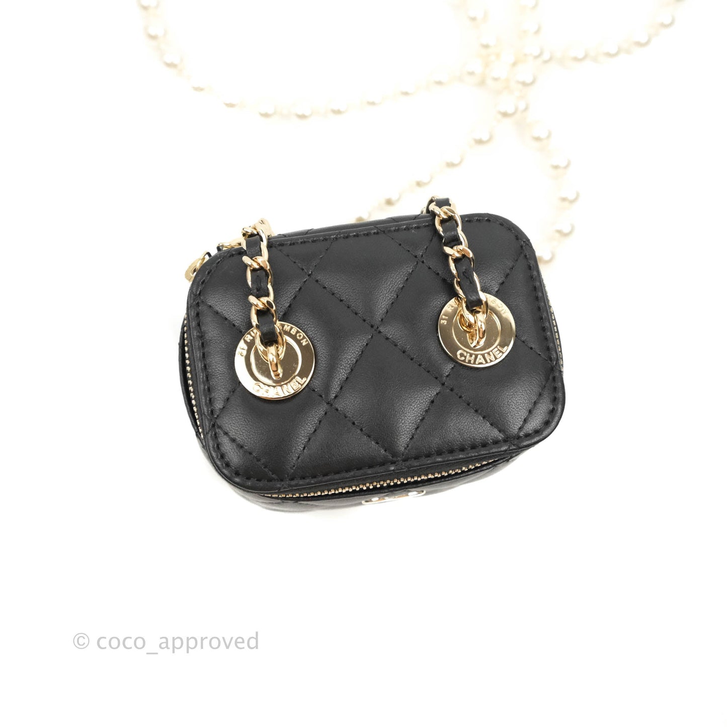 Chanel Mini Vanity With Pearl Chain Black Lambskin Gold Hardware