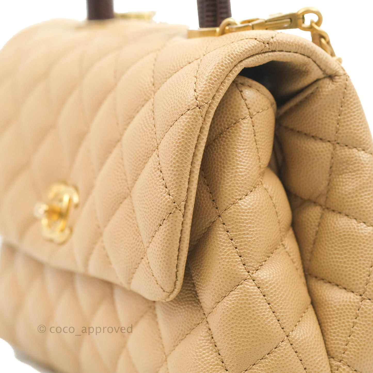 Chanel Small Coco Handle Quilted Beige Caviar Gold Hardware Lizard Embossed Handle