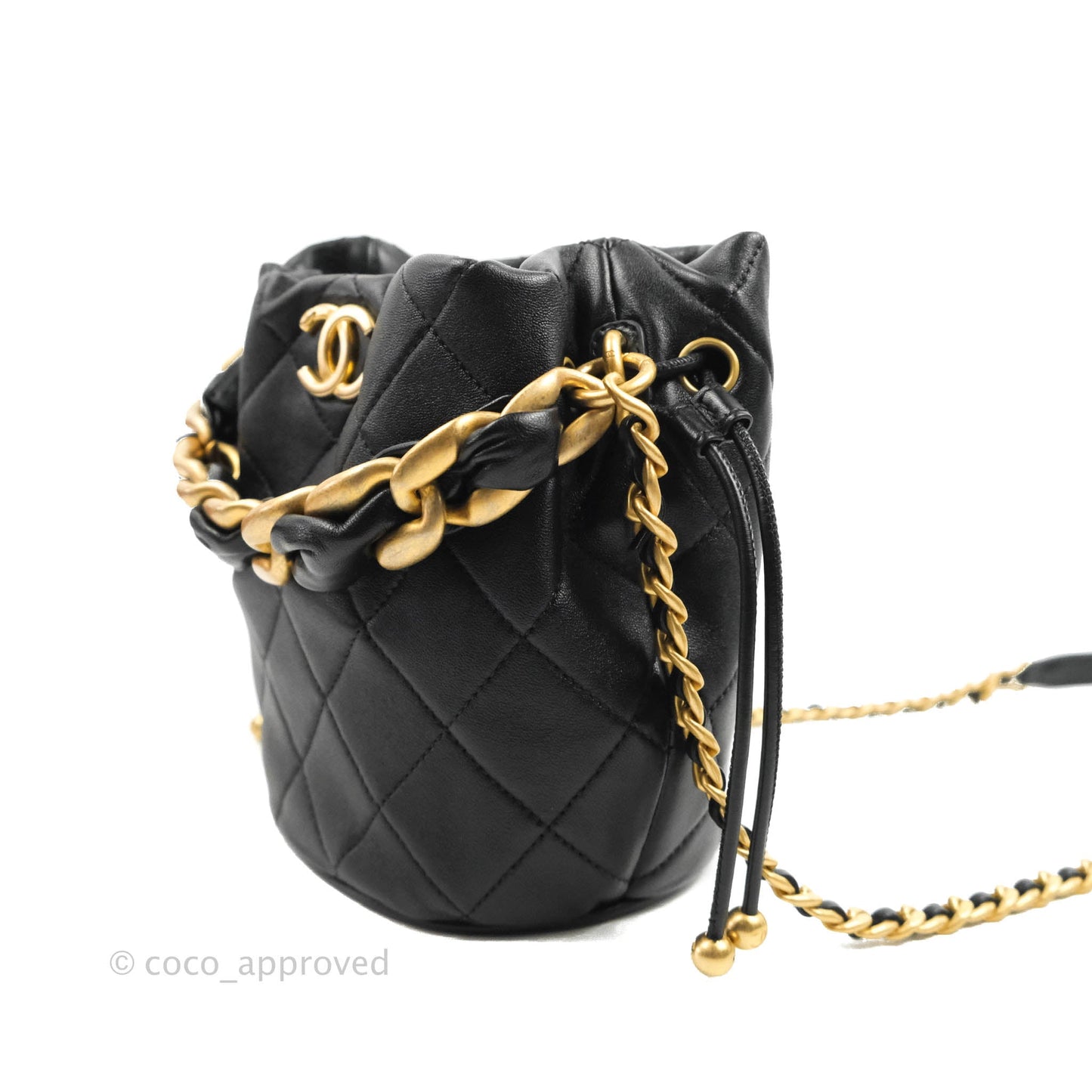 Chanel Small Entwined Chain Drawstring Bucket Bag Black Lambskin Age Gold Hardware