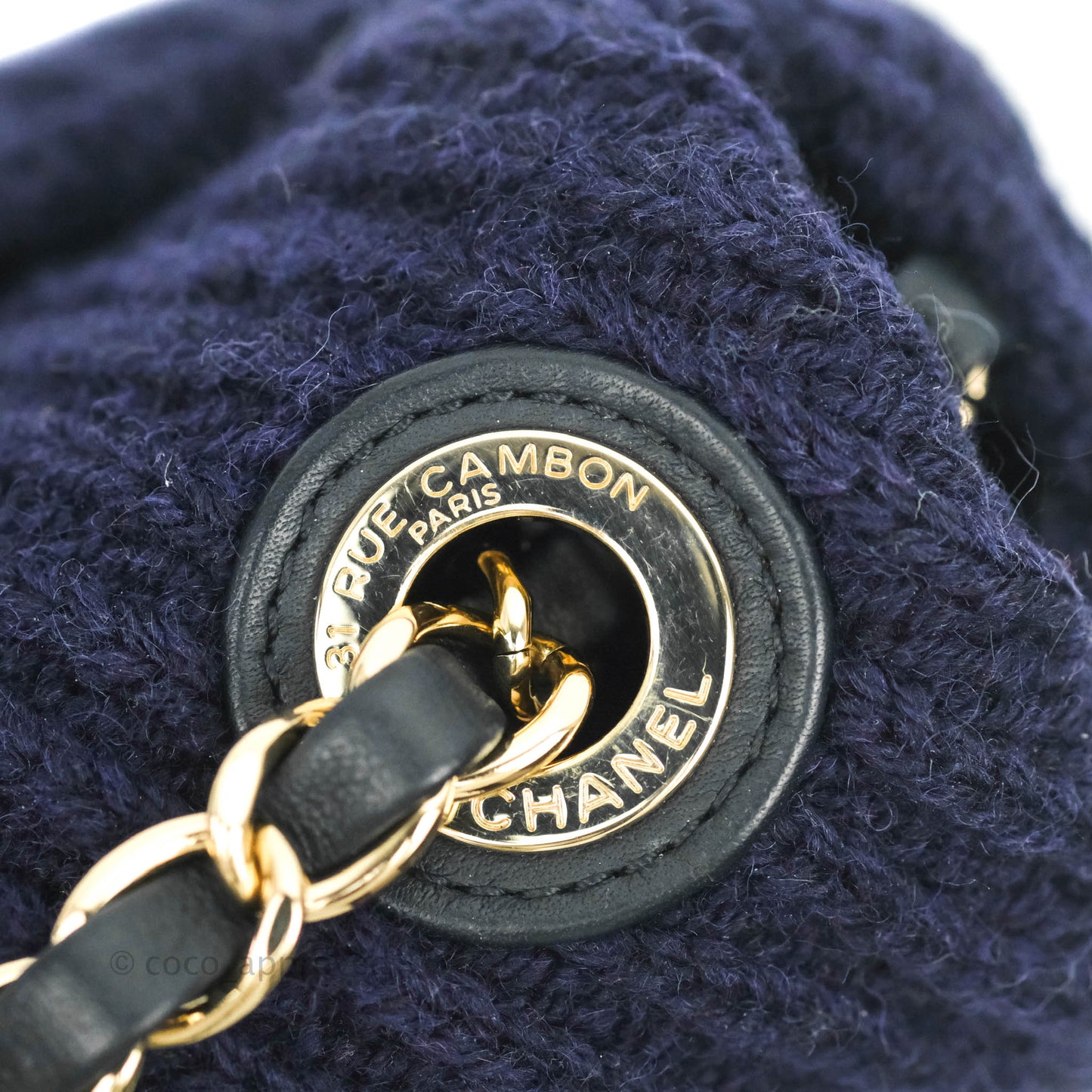 Chanel Mini Rectangular Flap Navy Blue Cable Knit Gold Hardware