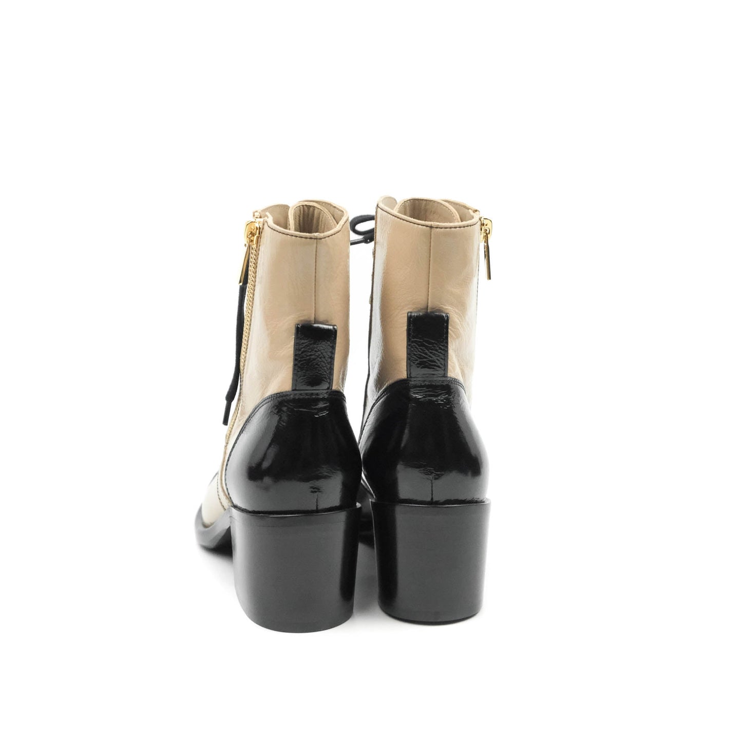 Chanel Beige Black Calfskin CC Lace Up Short Boots 37.5