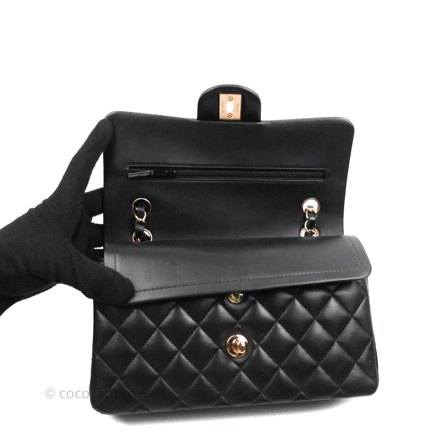 Chanel Classic Small S/M Flap Black Lambskin Rose Pink-Gold Hardware