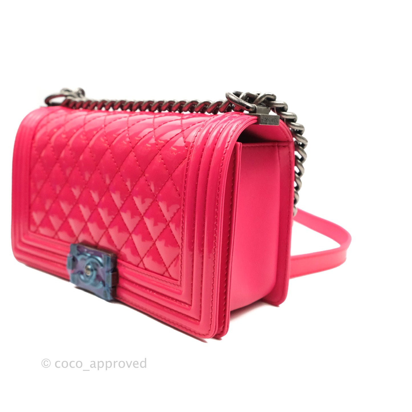 Chanel Quilted Medium Boy Bag Pink Patent Ruthenium Hardware