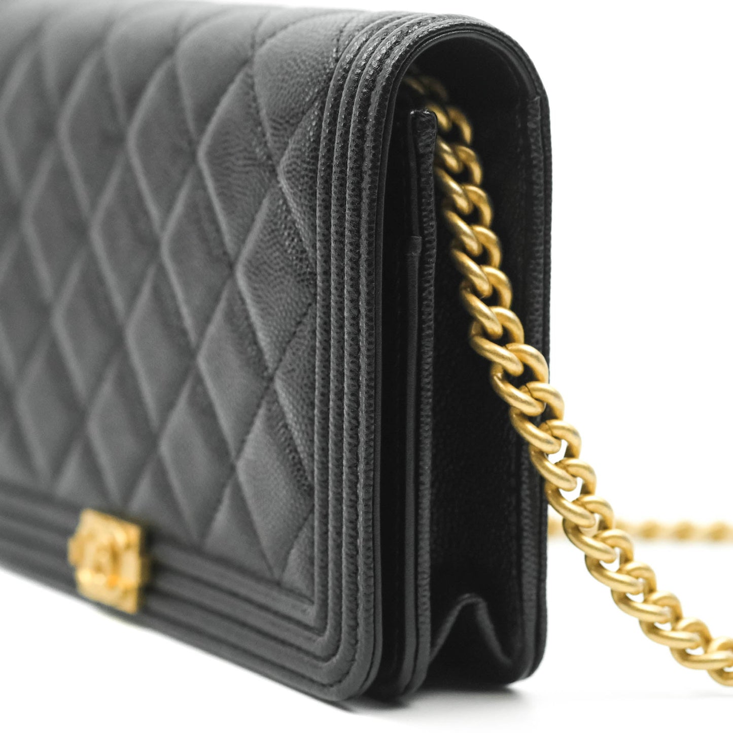 Chanel Quilted Boy Wallet on Chain WOC Black Caviar Aged Gold Hardware