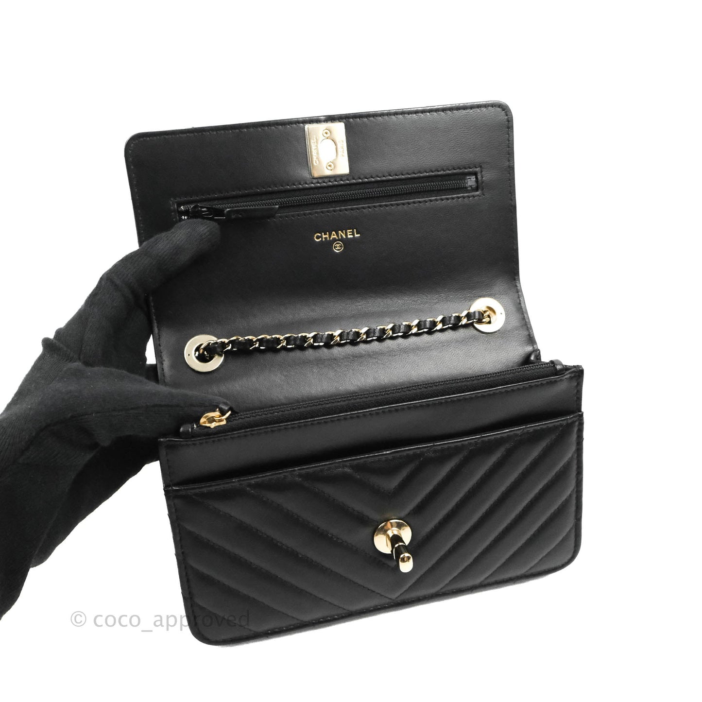 Chanel Trendy CC WOC Wallet on Chain Chevron Black Lambskin Gold Hardware