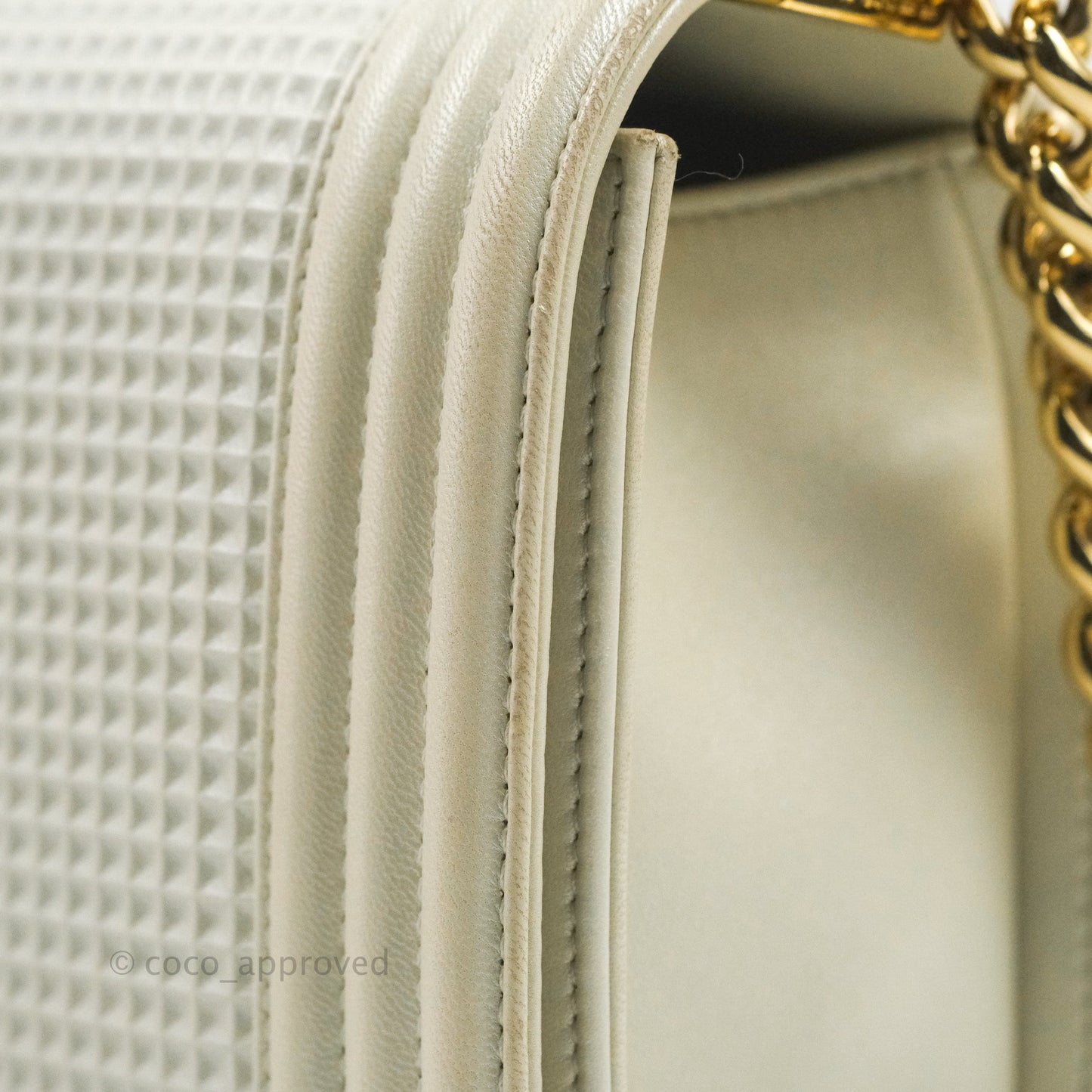 Chanel Cube Embossed Medium Boy Bag Iridescent Pearl White Lambskin Gold Hardware